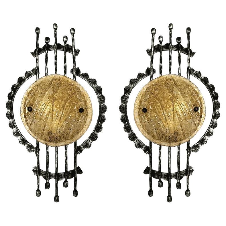 Pair of Large Sculptural Iron and Glass Wall Flush Mounts Sconces, 1960s For Sale