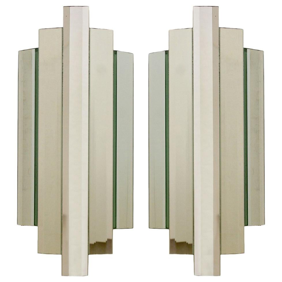 Pair of Large Sculptural Mirror Glass Wall Flush Mounts Sconces, 1960s