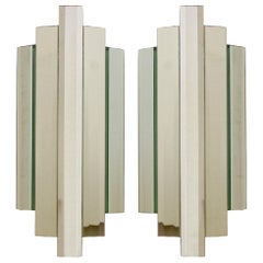 Pair of Large Sculptural Mirror Glass Wall Flush Mounts Sconces, 1960s