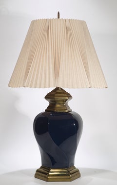 Pair of Large Sculptural Urn Table Lamps, Blue & Bronze Glaze 1960s