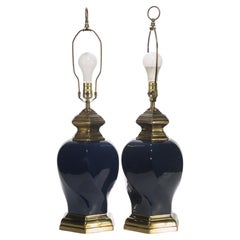 Pair of Large Sculptural Urn Table Lamps, Blue & Bronze Glaze 1960s