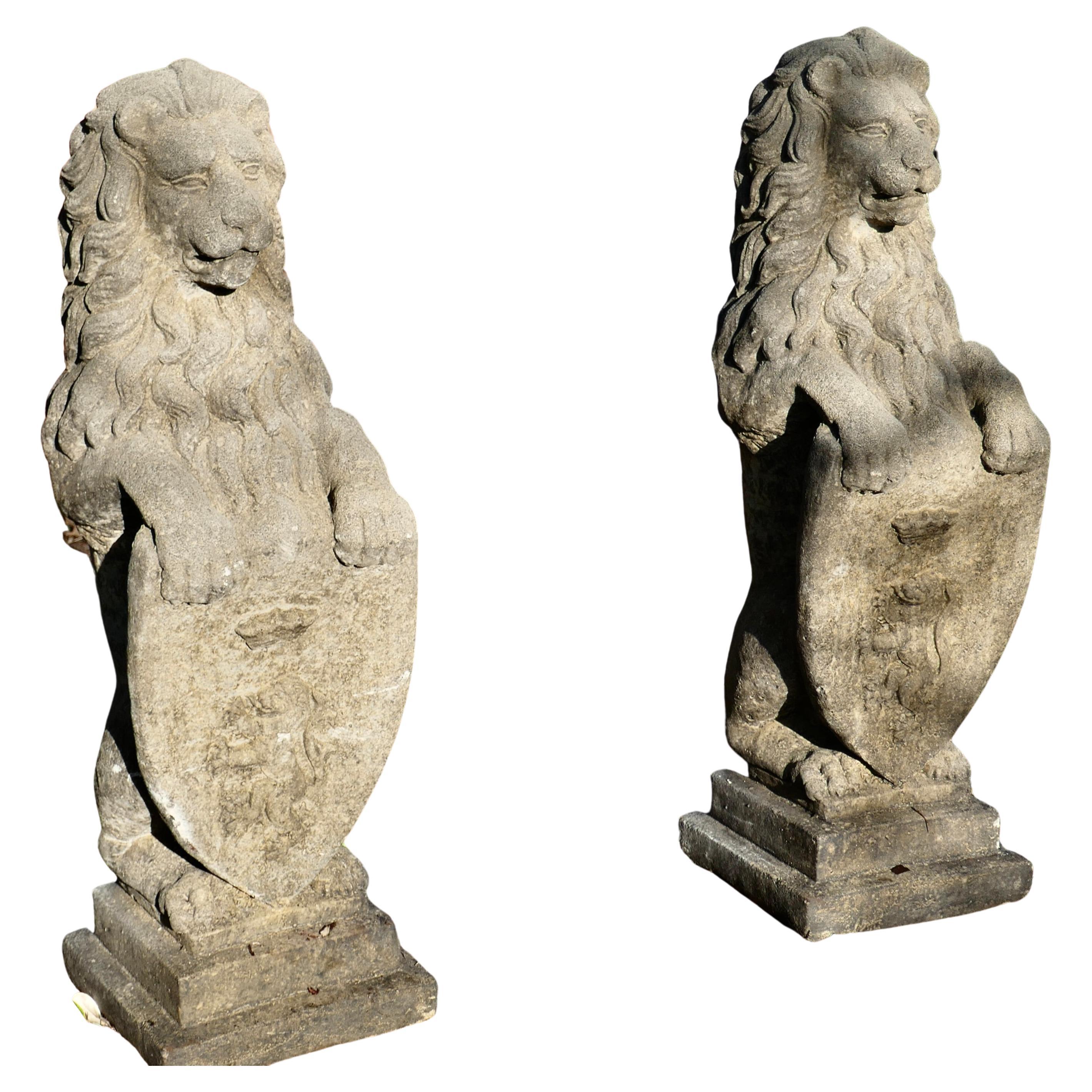 Pair of Large Sculptures of English Stone Heraldic Lions