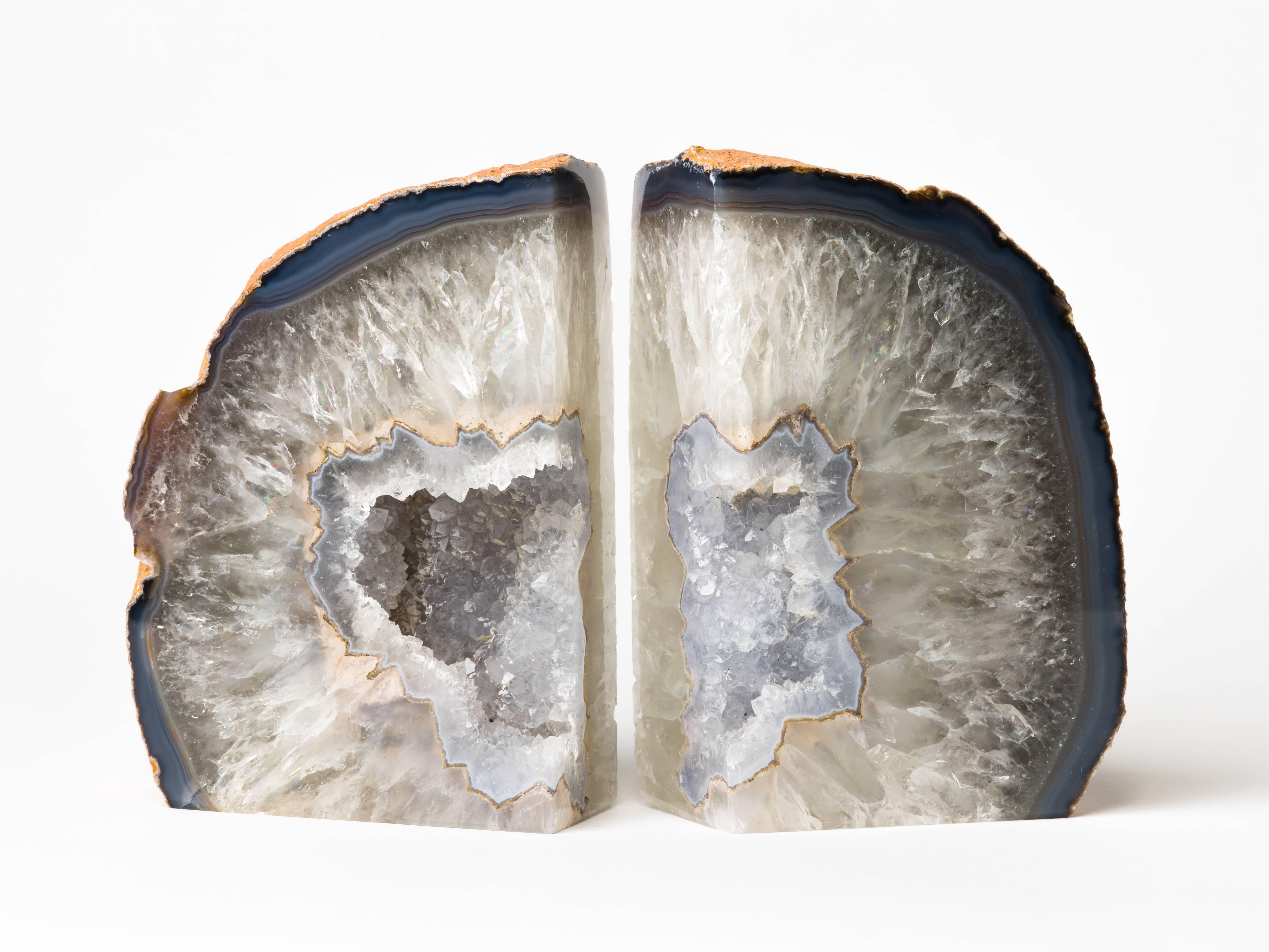 Organic Modern Pair of Large Semi-Precious Gemstone Bookends in Grey with Fine Crystal Centers