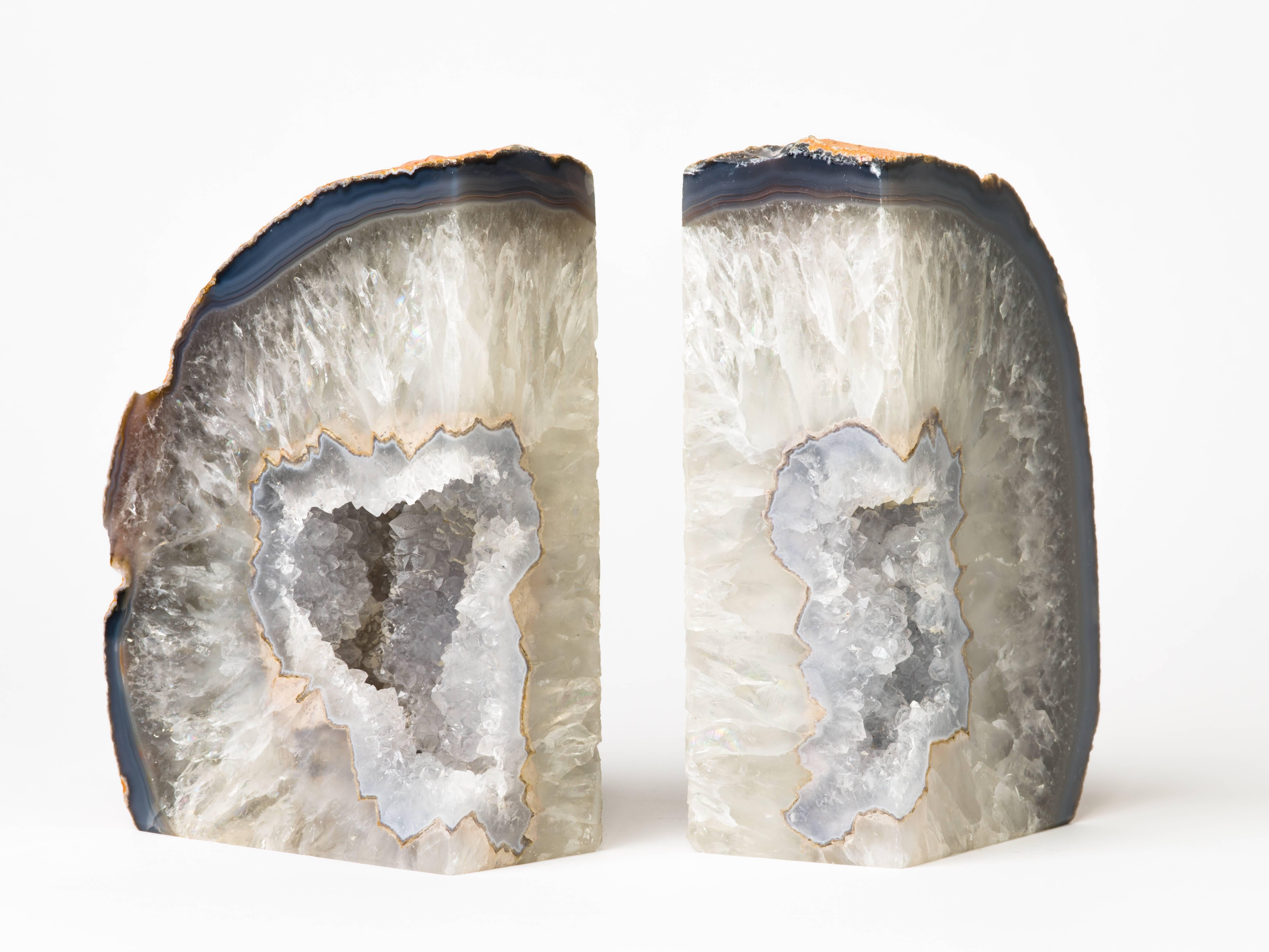 Polished Pair of Large Semi-Precious Gemstone Bookends in Grey with Fine Crystal Centers