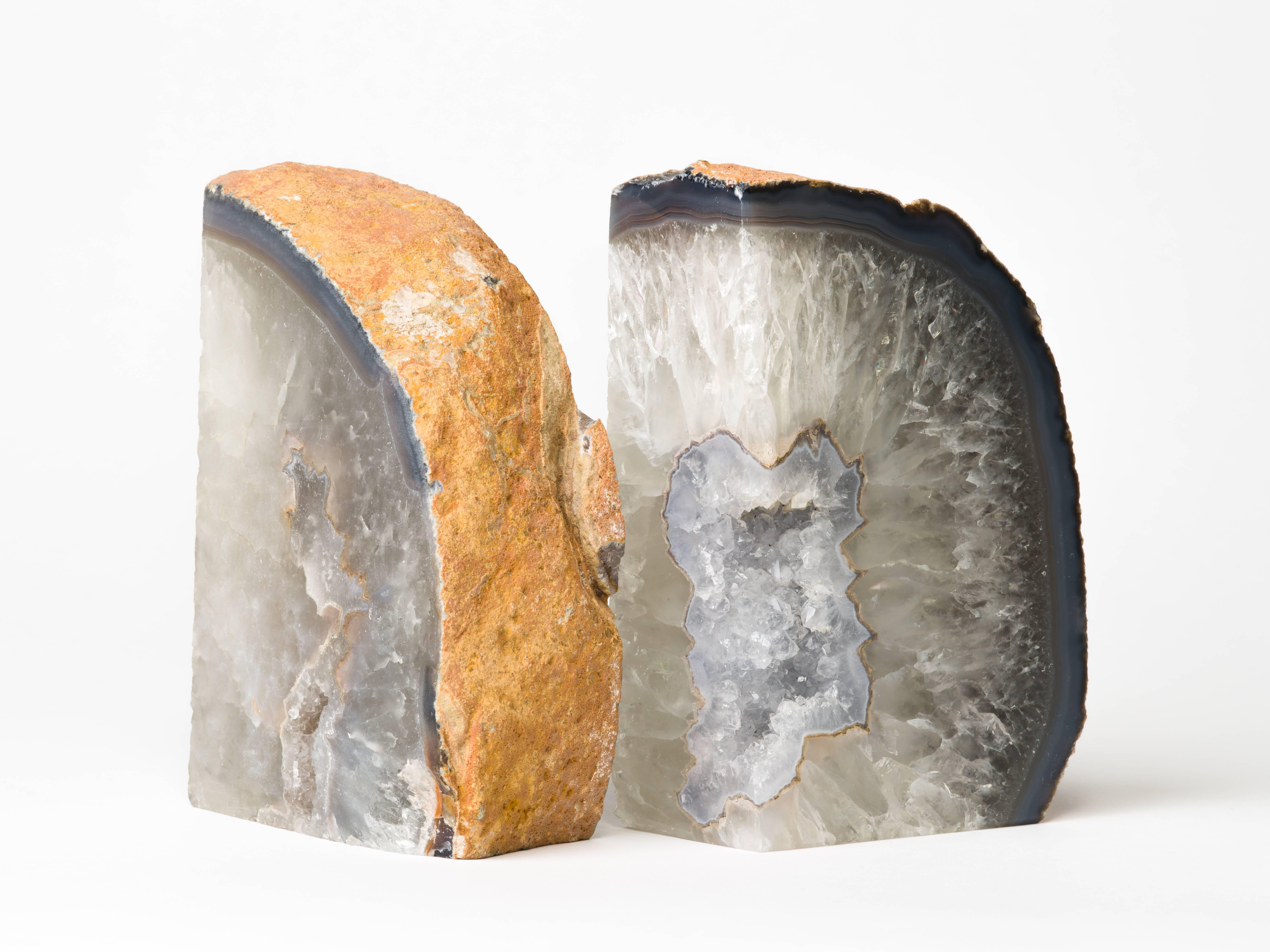 Contemporary Pair of Large Semi-Precious Gemstone Bookends in Grey with Fine Crystal Centers