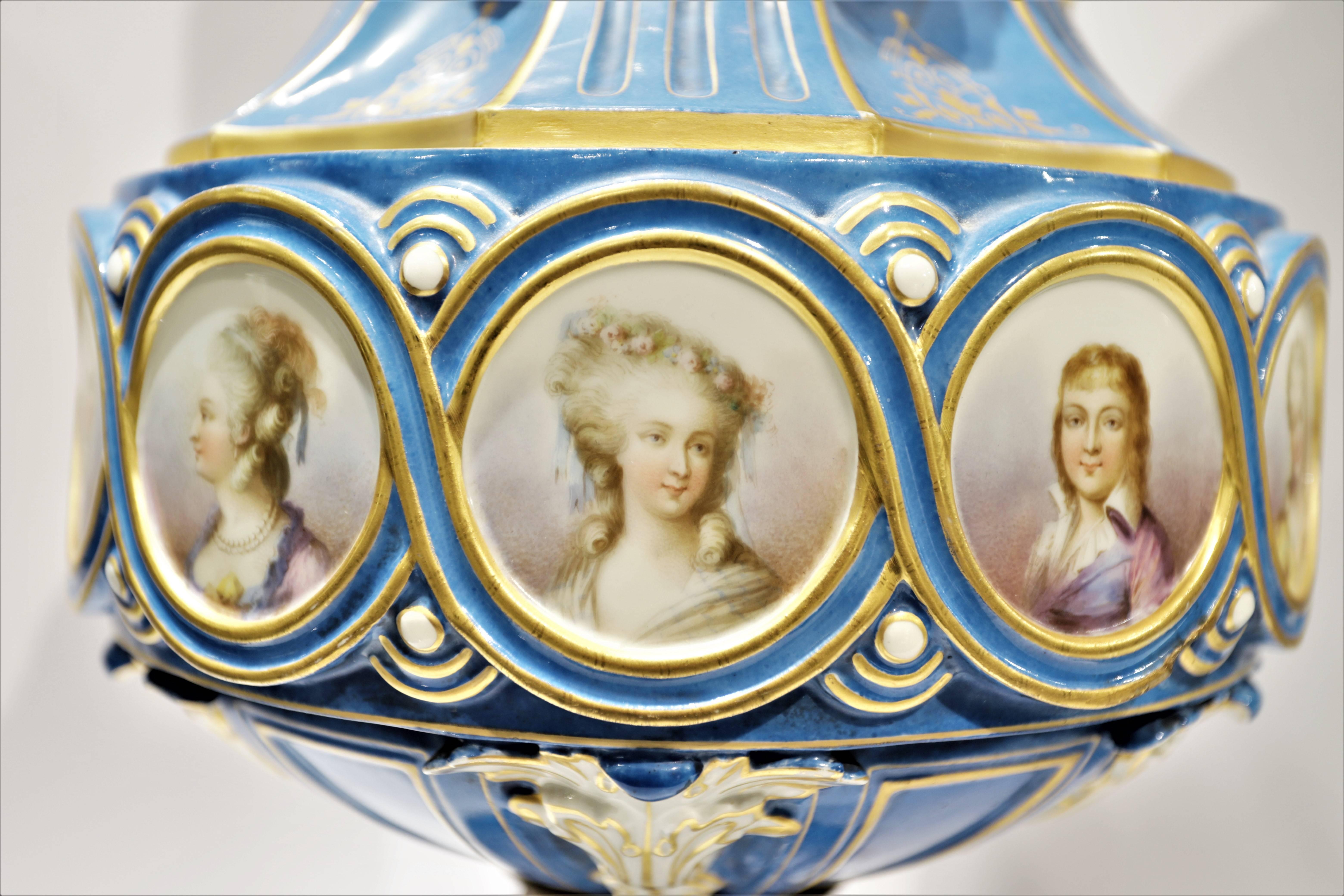 Pair of finest quality French 19th century Sevres style Celeste blue portrait urns,
depicting the portraits of Louis XVI and Marry Antoinette.