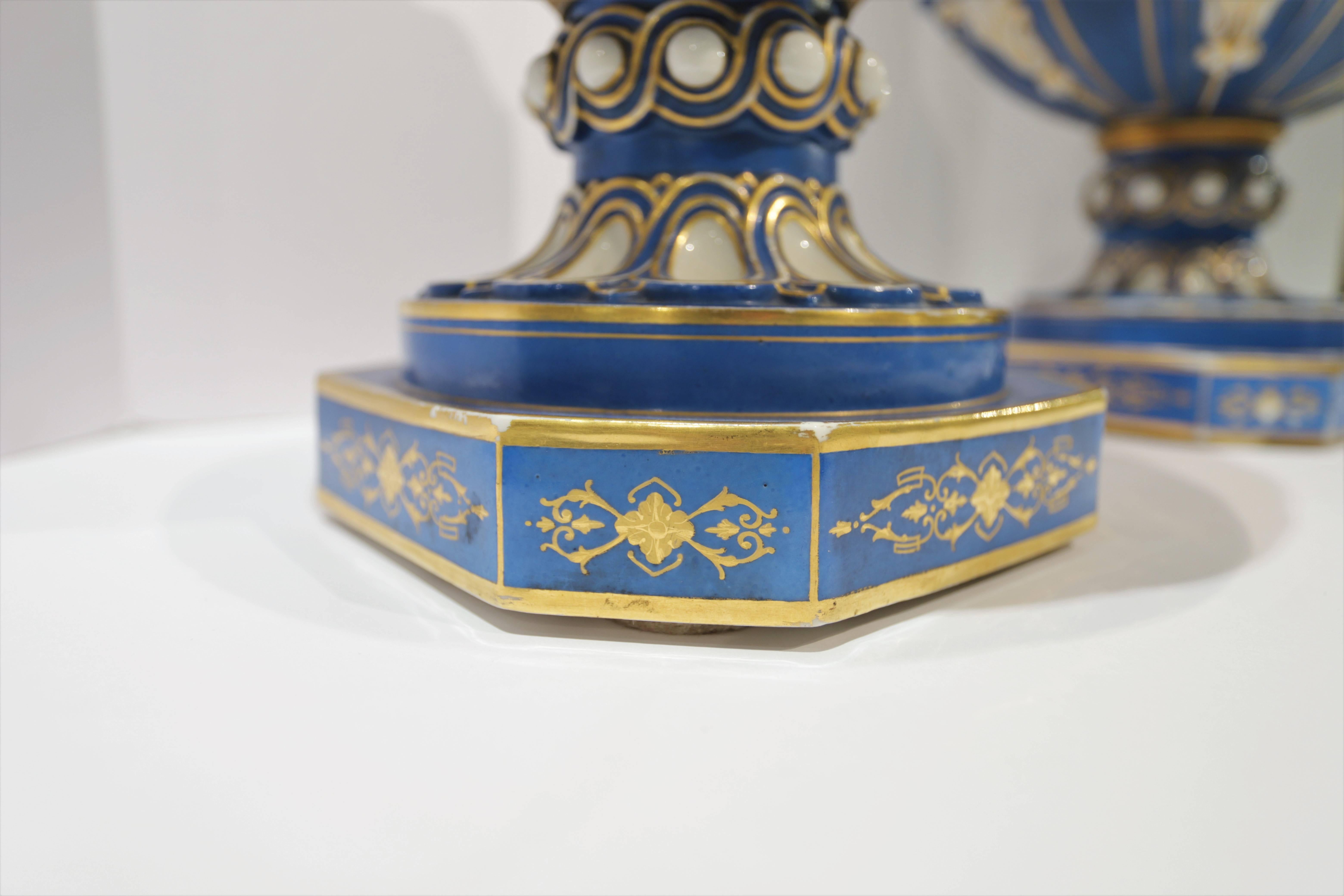 Pair of Large Sevres Style Celeste Blue Portrait Urns In Good Condition In New York, NY
