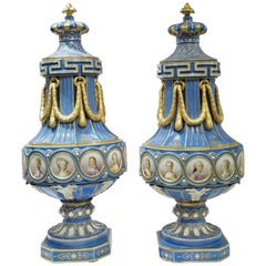 Pair of Large Sevres Style Celeste Blue Portrait Urns