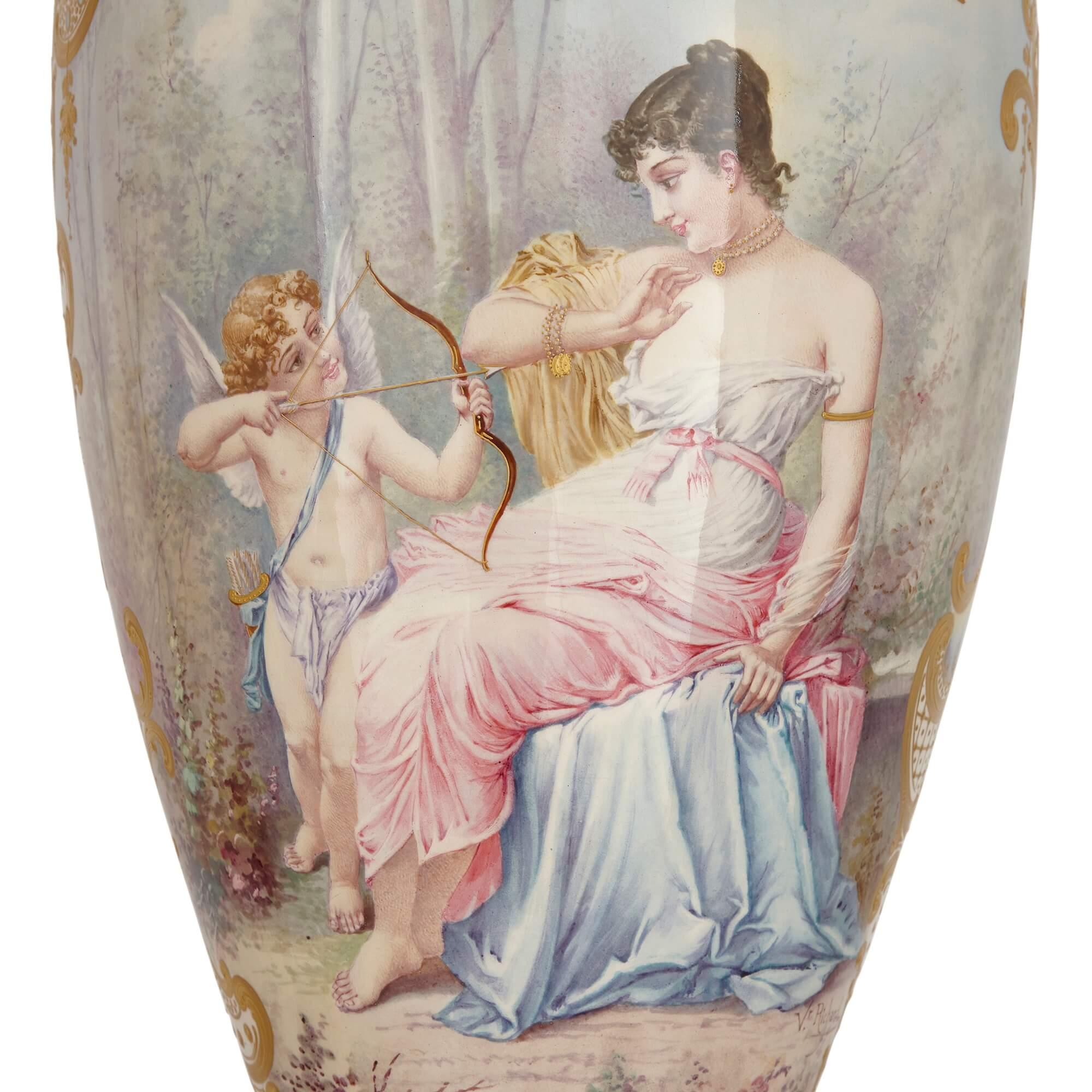 Rococo Pair of Large Sèvres Style Gilt Porcelain Mounted Vases For Sale