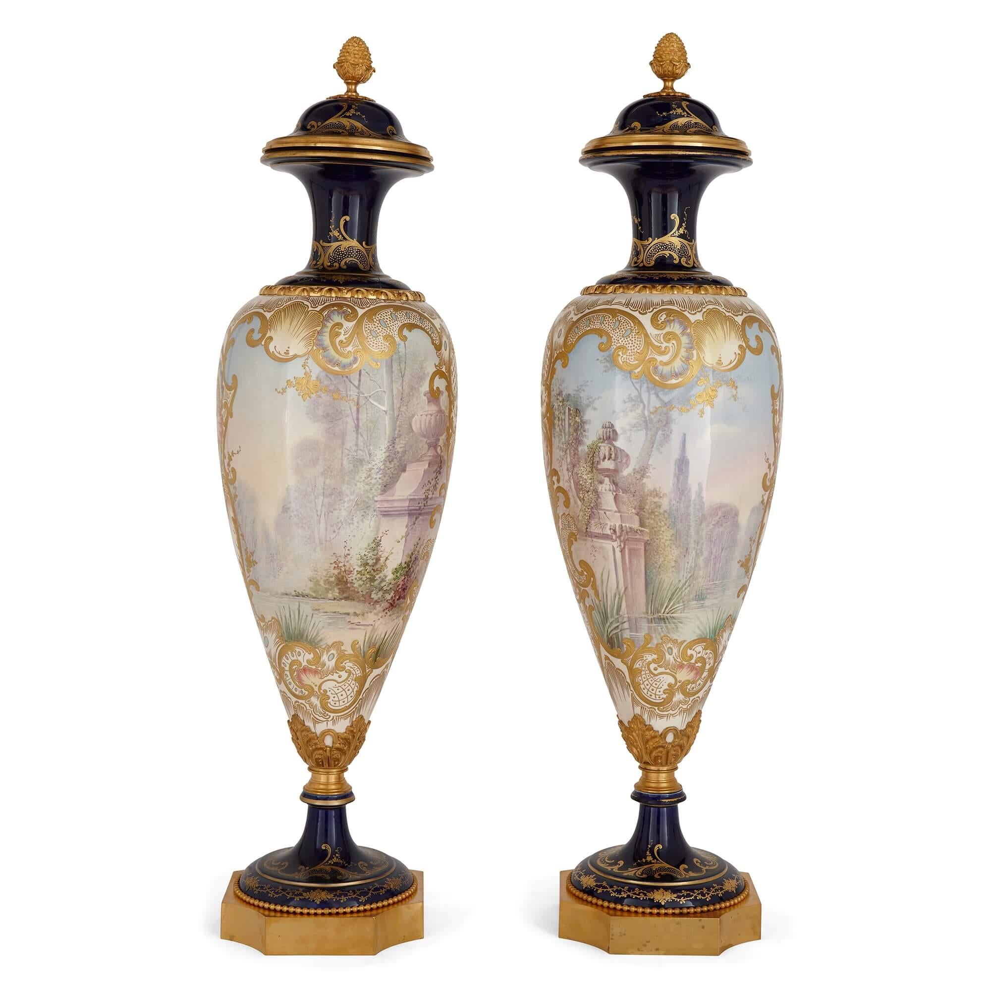 French Pair of Large Sèvres Style Gilt Porcelain Mounted Vases For Sale