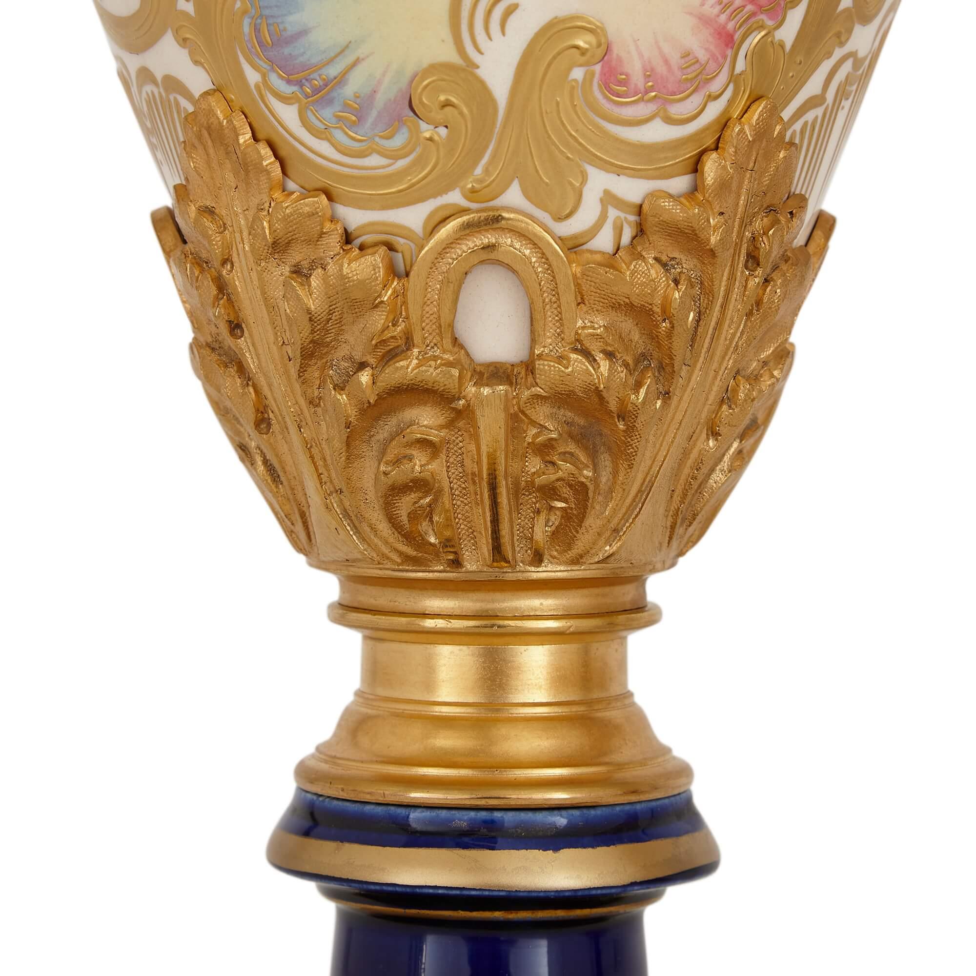 Pair of Large Sèvres Style Gilt Porcelain Mounted Vases In Good Condition For Sale In London, GB