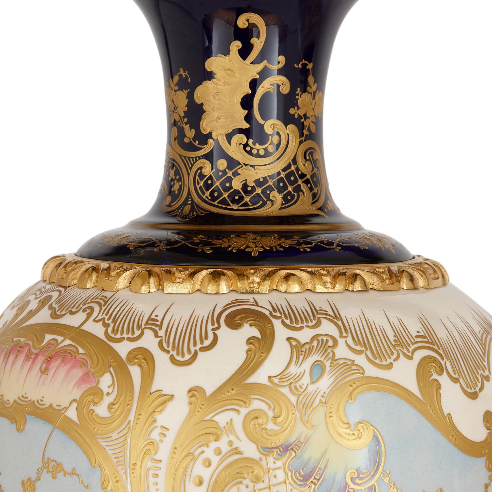 19th Century Pair of Large Sèvres Style Gilt Porcelain Mounted Vases For Sale