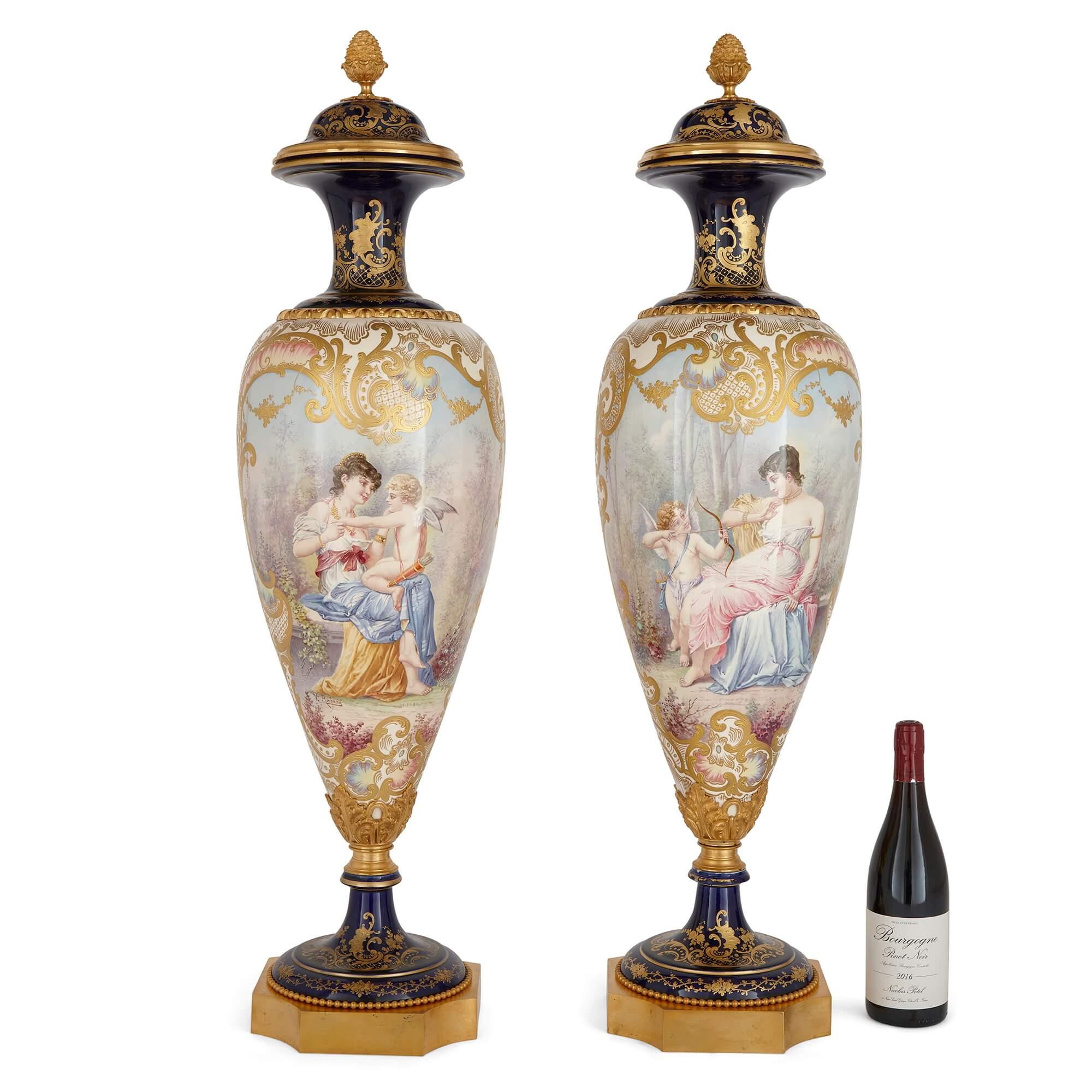 Pair of Large Sèvres Style Gilt Porcelain Mounted Vases For Sale 2