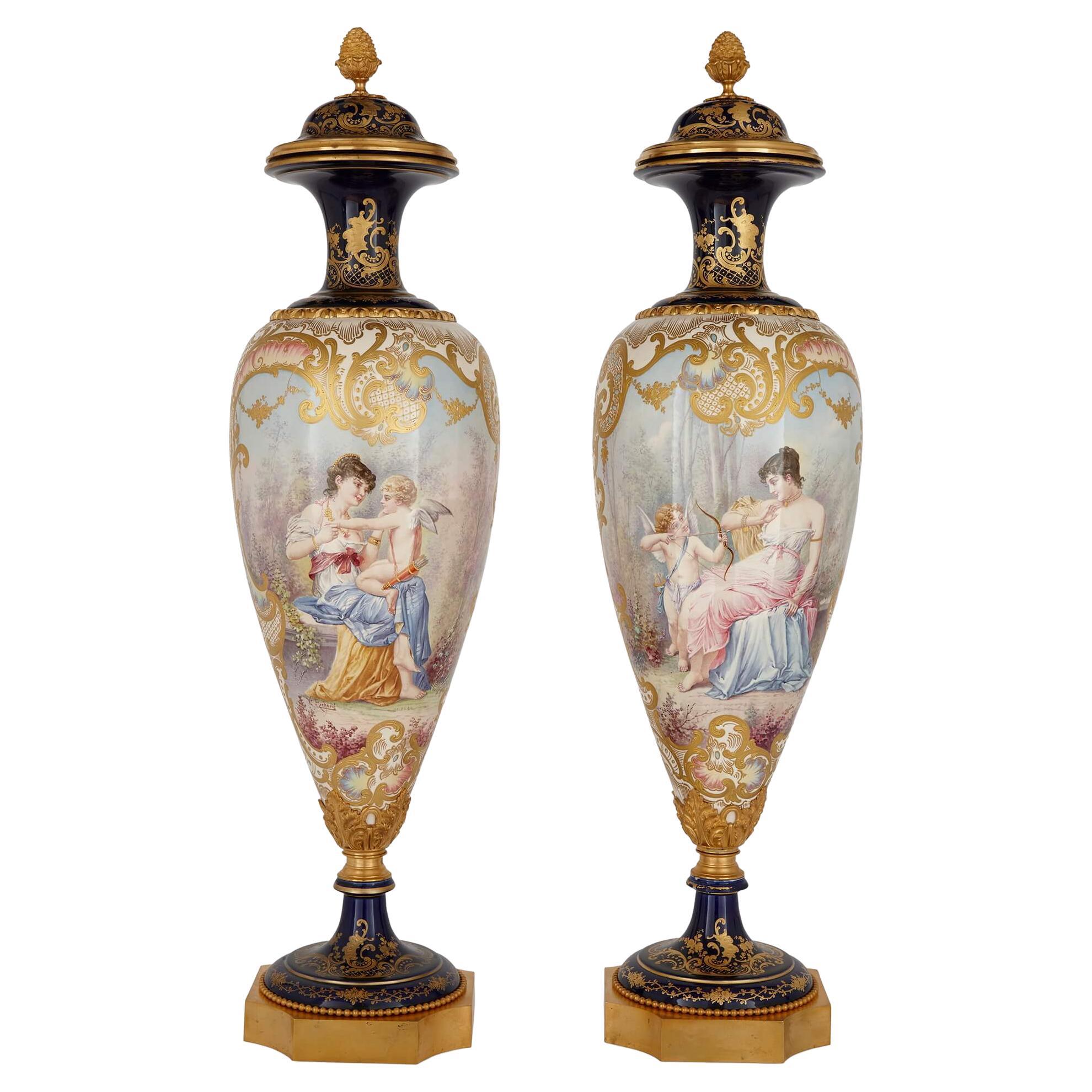 Pair of Large Sèvres Style Gilt Porcelain Mounted Vases For Sale