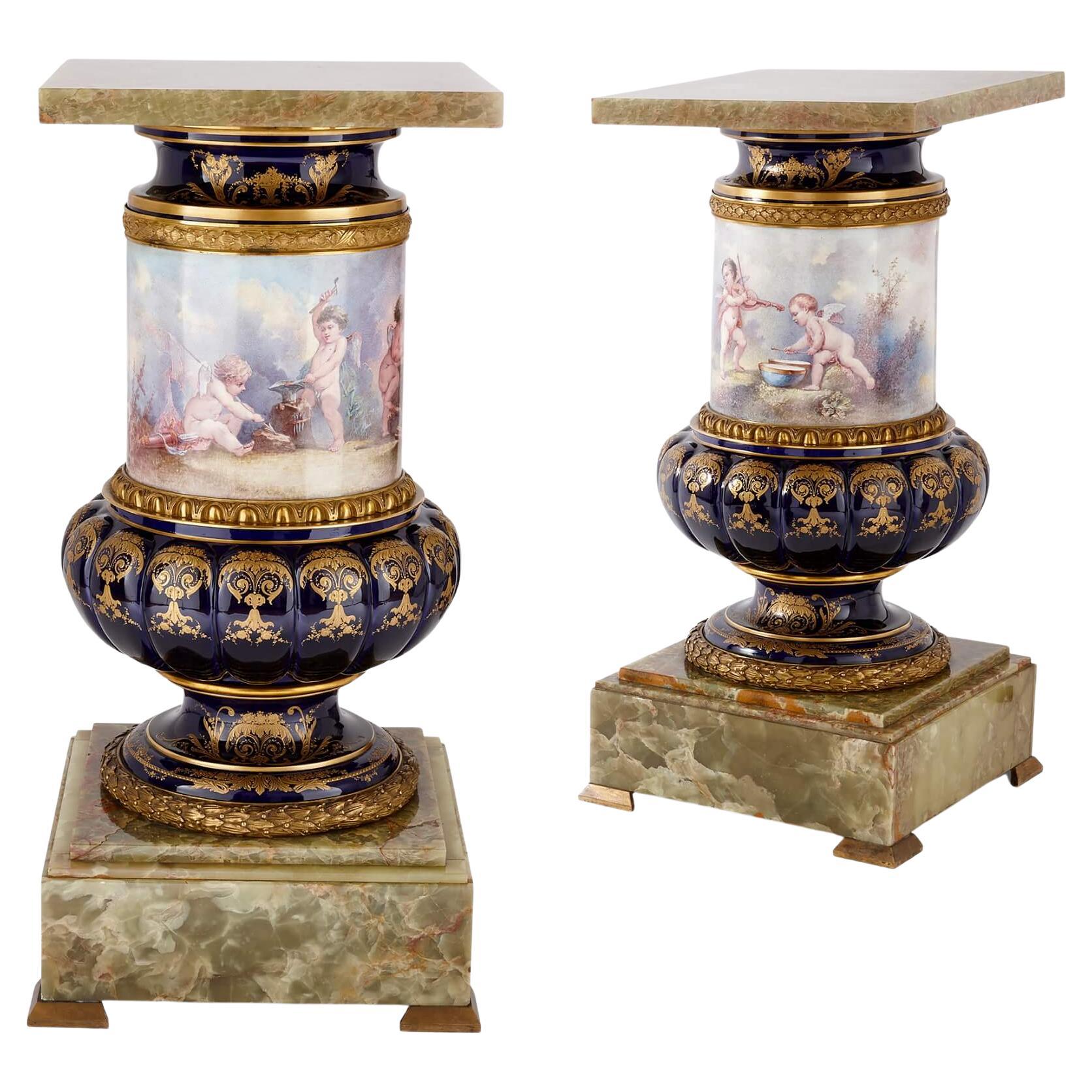 Pair of Large Sèvres Style Pedestals in Porcelain, Ormolu and Green Onyx