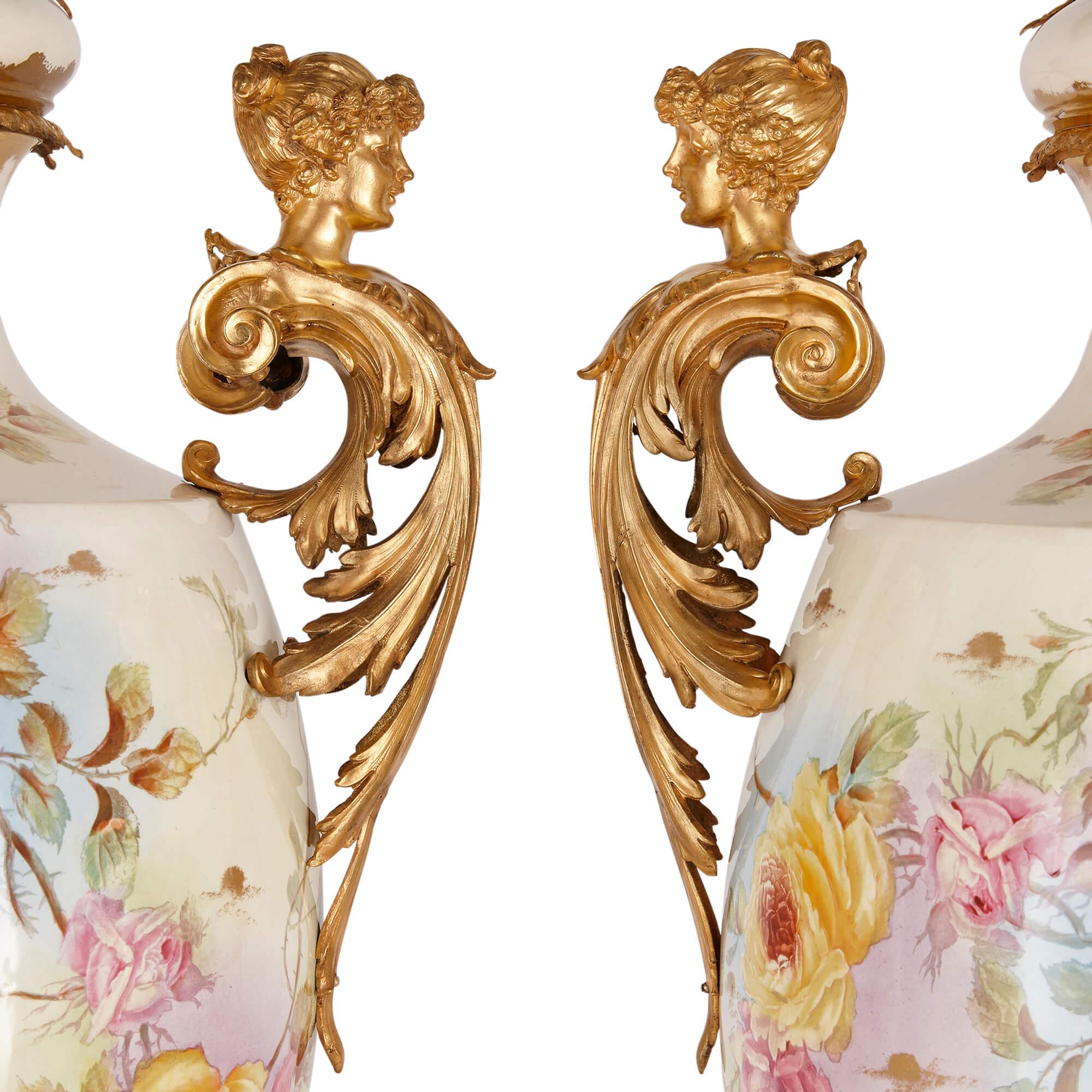 French Pair of Large Sèvres-style Porcelain and Gilt-Metal Vases For Sale