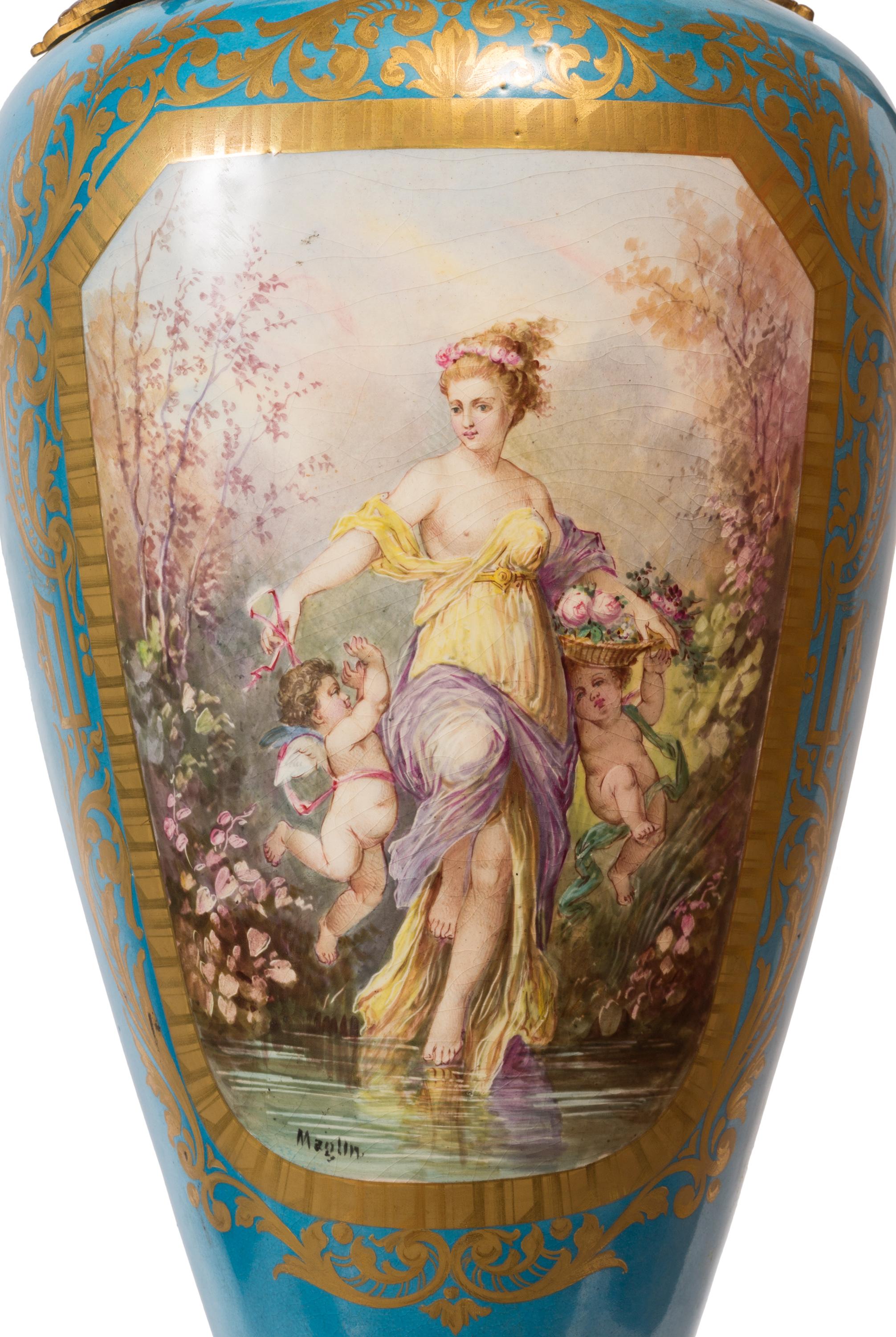 Pair of Large Sèvres Style Porcelain Vases, Detailed Ormolu, Serpent Handles For Sale 3