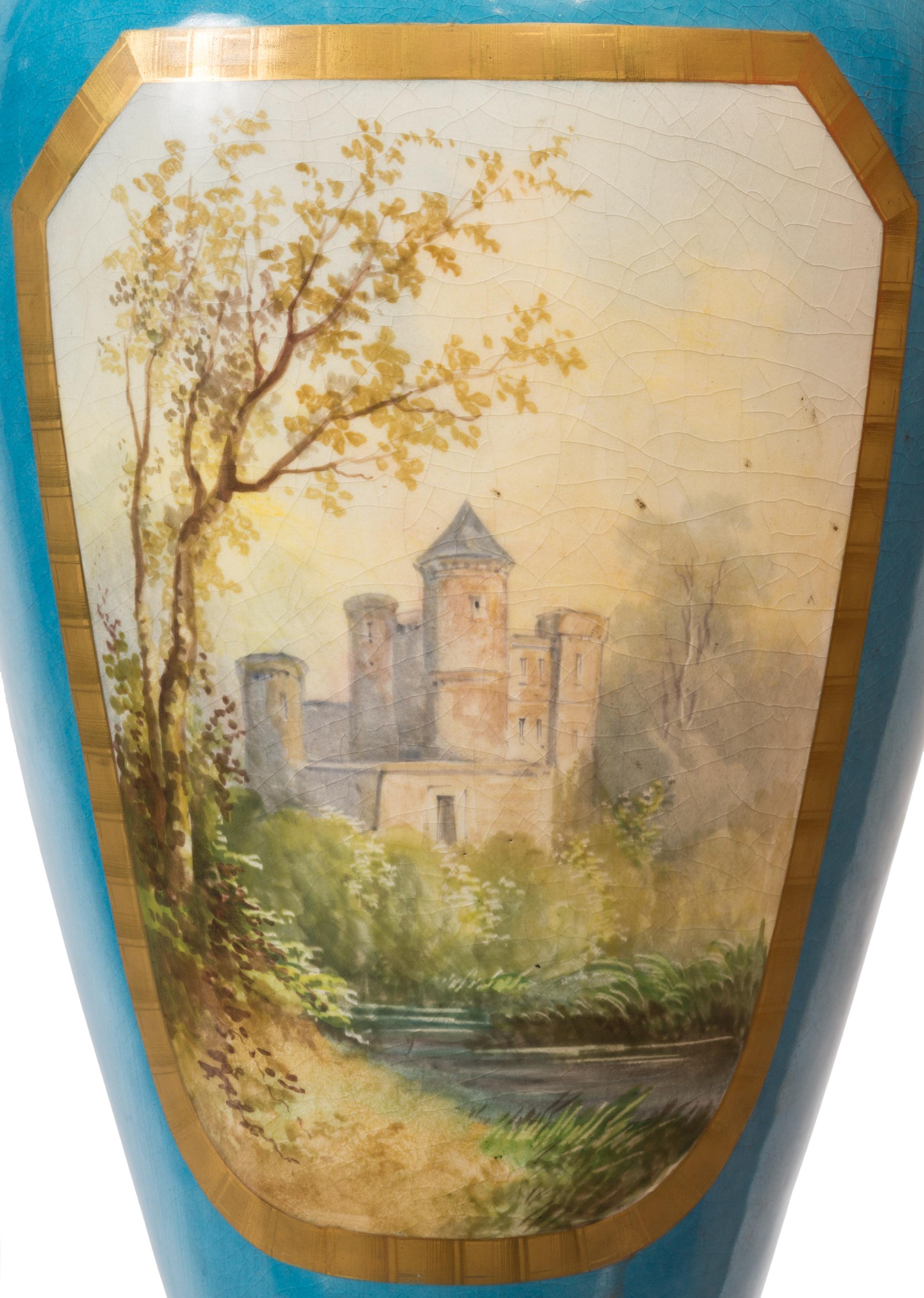 Pair of Large Sèvres Style Porcelain Vases, Detailed Ormolu, Serpent Handles For Sale 4