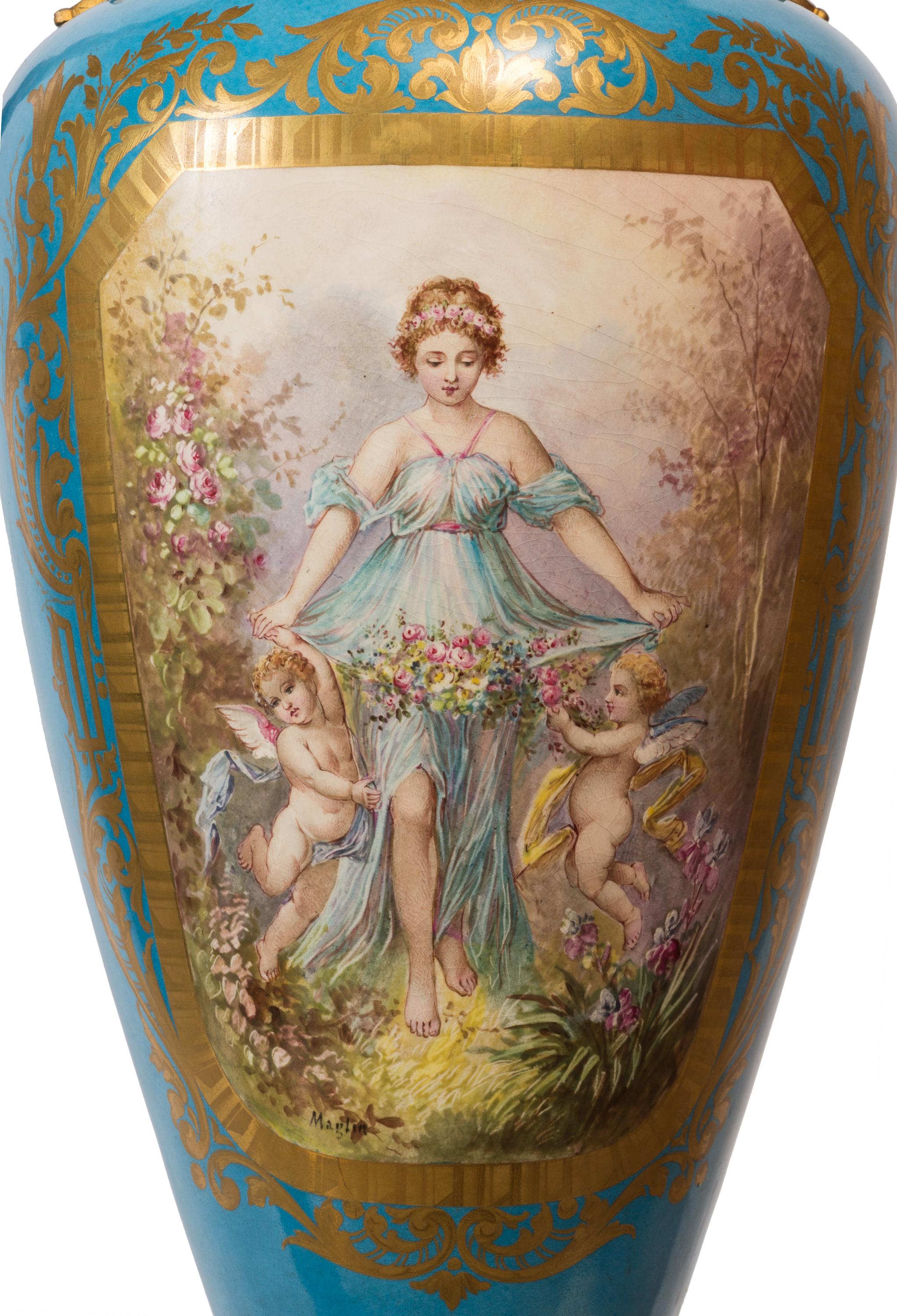 Pair of Large Sèvres Style Porcelain Vases, Detailed Ormolu, Serpent Handles For Sale 5