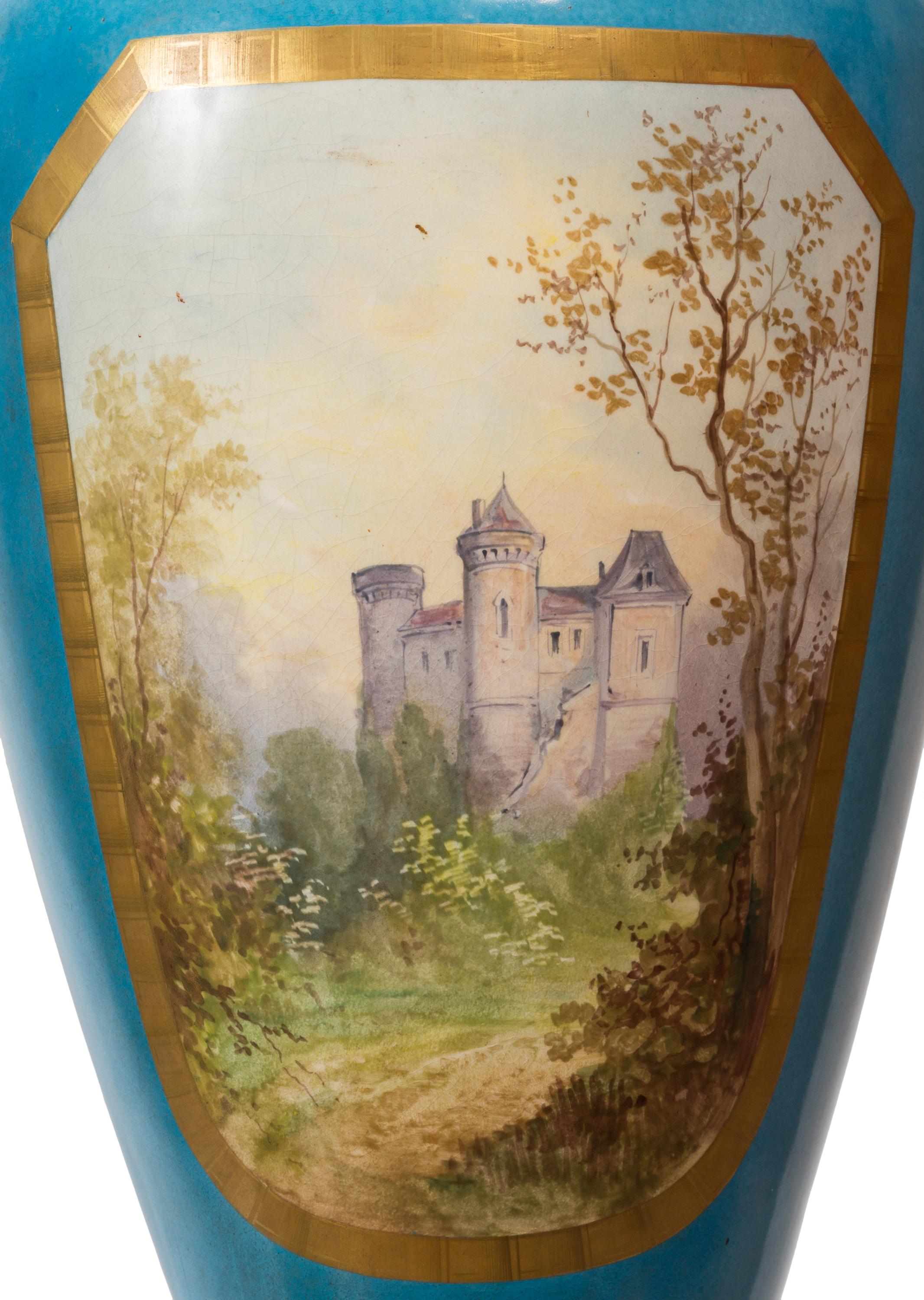 Pair of Large Sèvres Style Porcelain Vases, Detailed Ormolu, Serpent Handles For Sale 6