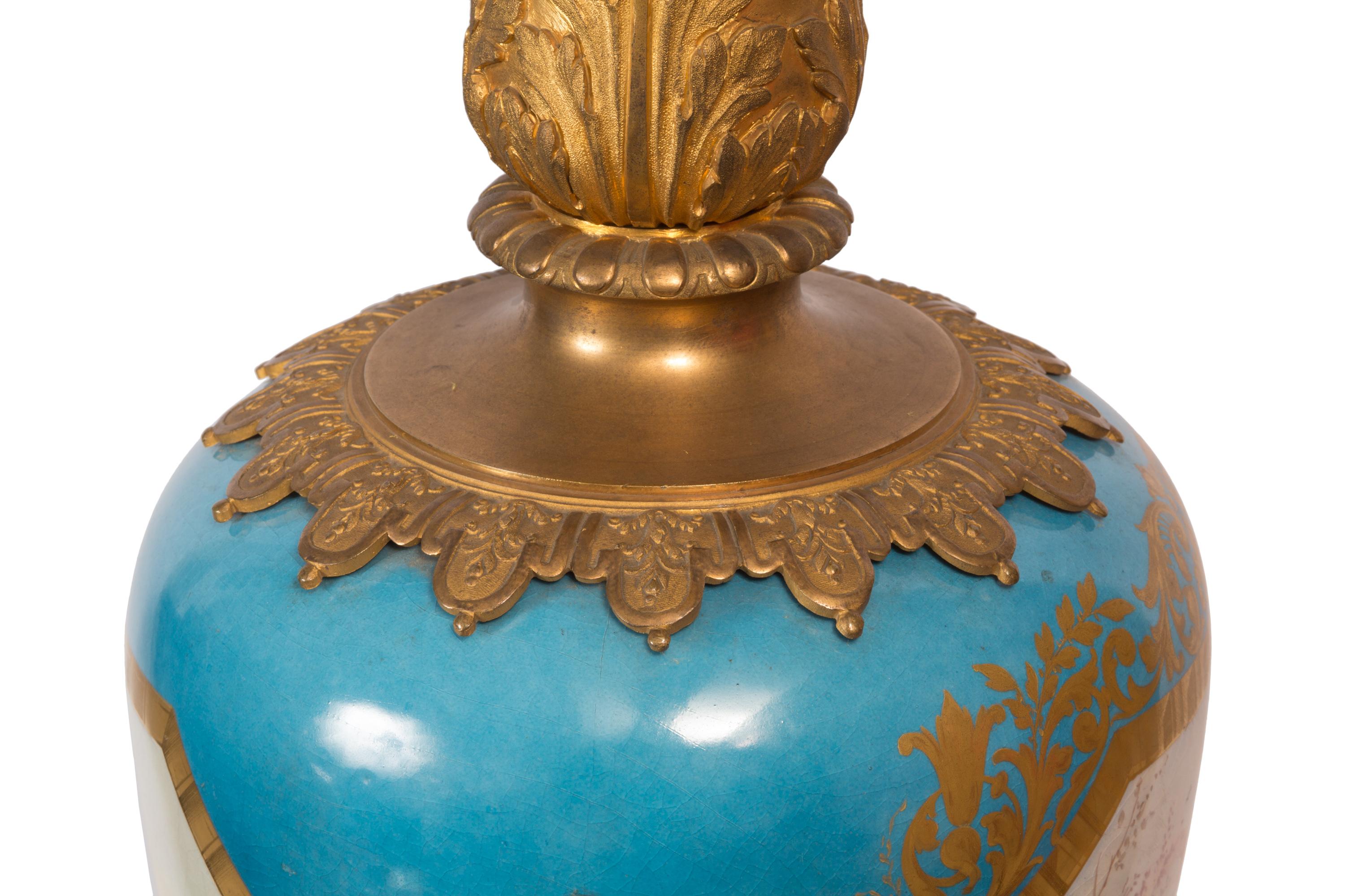 Pair of Large Sèvres Style Porcelain Vases, Detailed Ormolu, Serpent Handles For Sale 9
