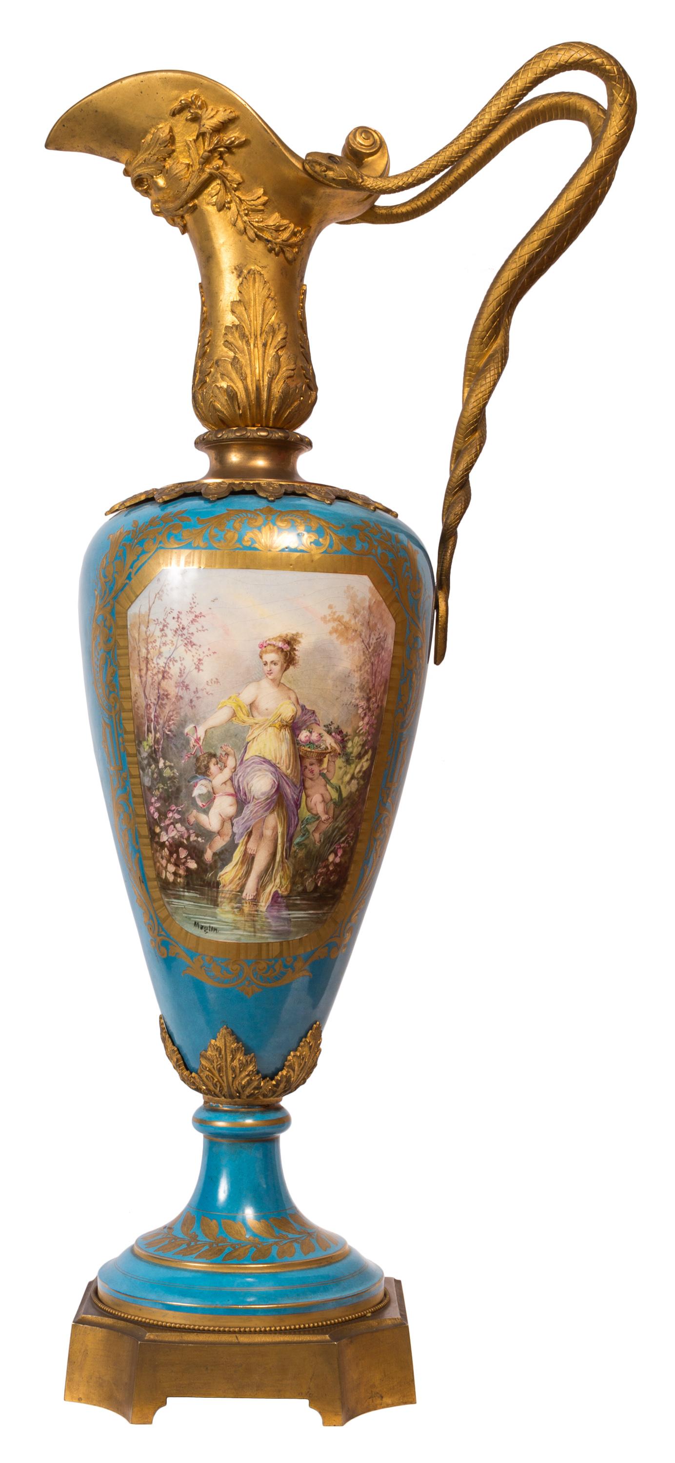 Rococo Revival Pair of Large Sèvres Style Porcelain Vases, Detailed Ormolu, Serpent Handles For Sale