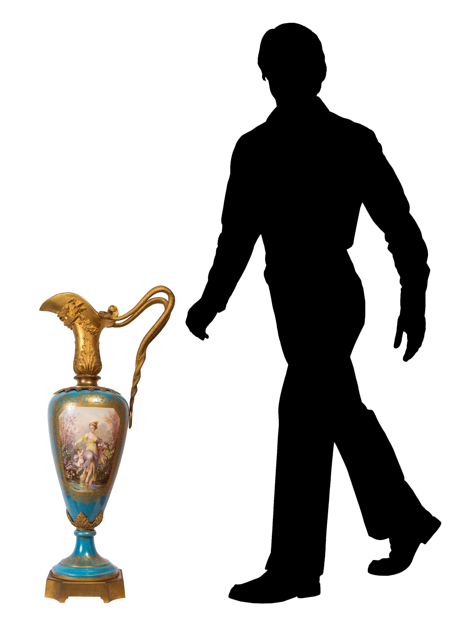 Rococo Revival Pair of Large Sèvres Style Porcelain Vases, Detailed Ormolu, Serpent Handles For Sale