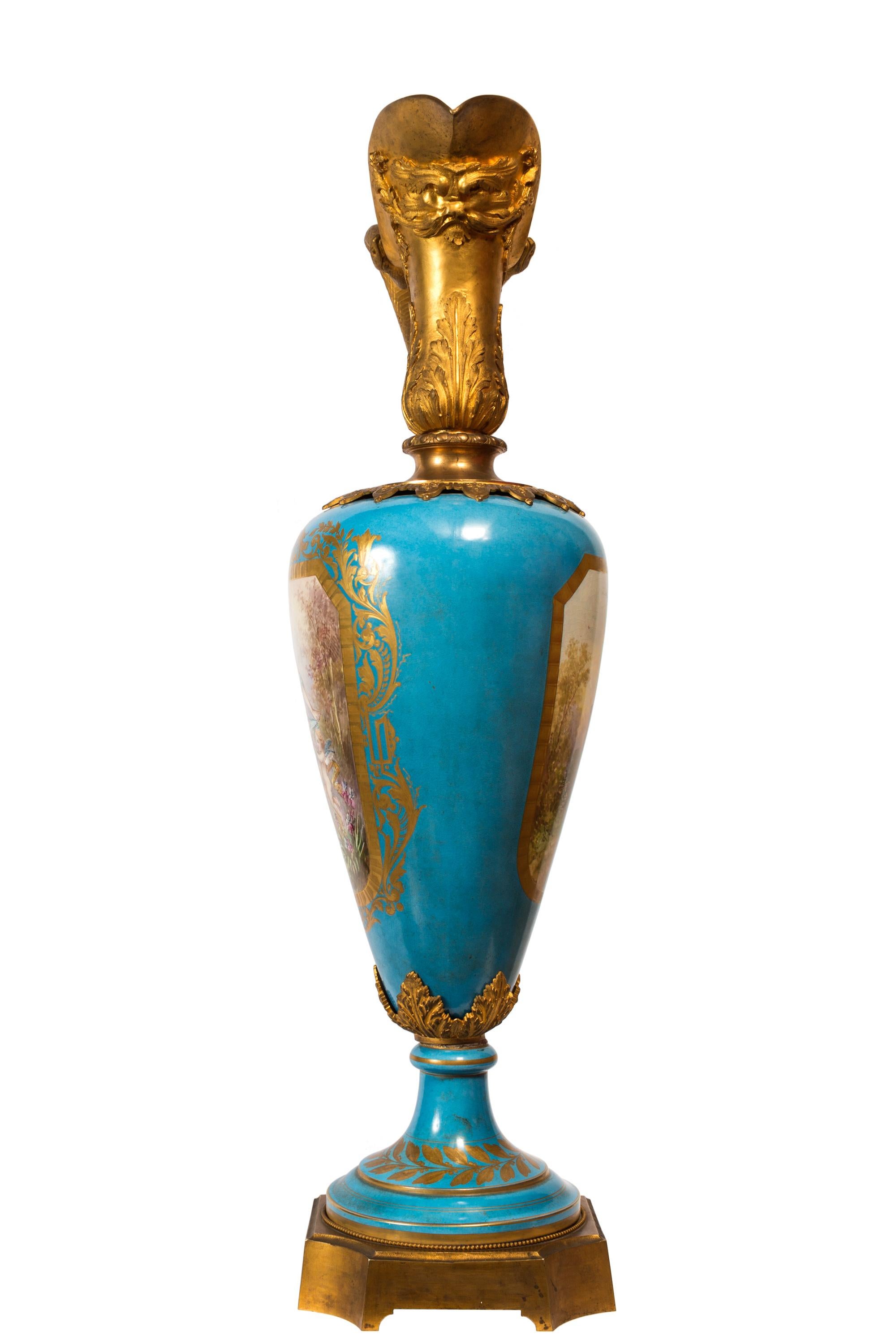19th Century Pair of Large Sèvres Style Porcelain Vases, Detailed Ormolu, Serpent Handles For Sale