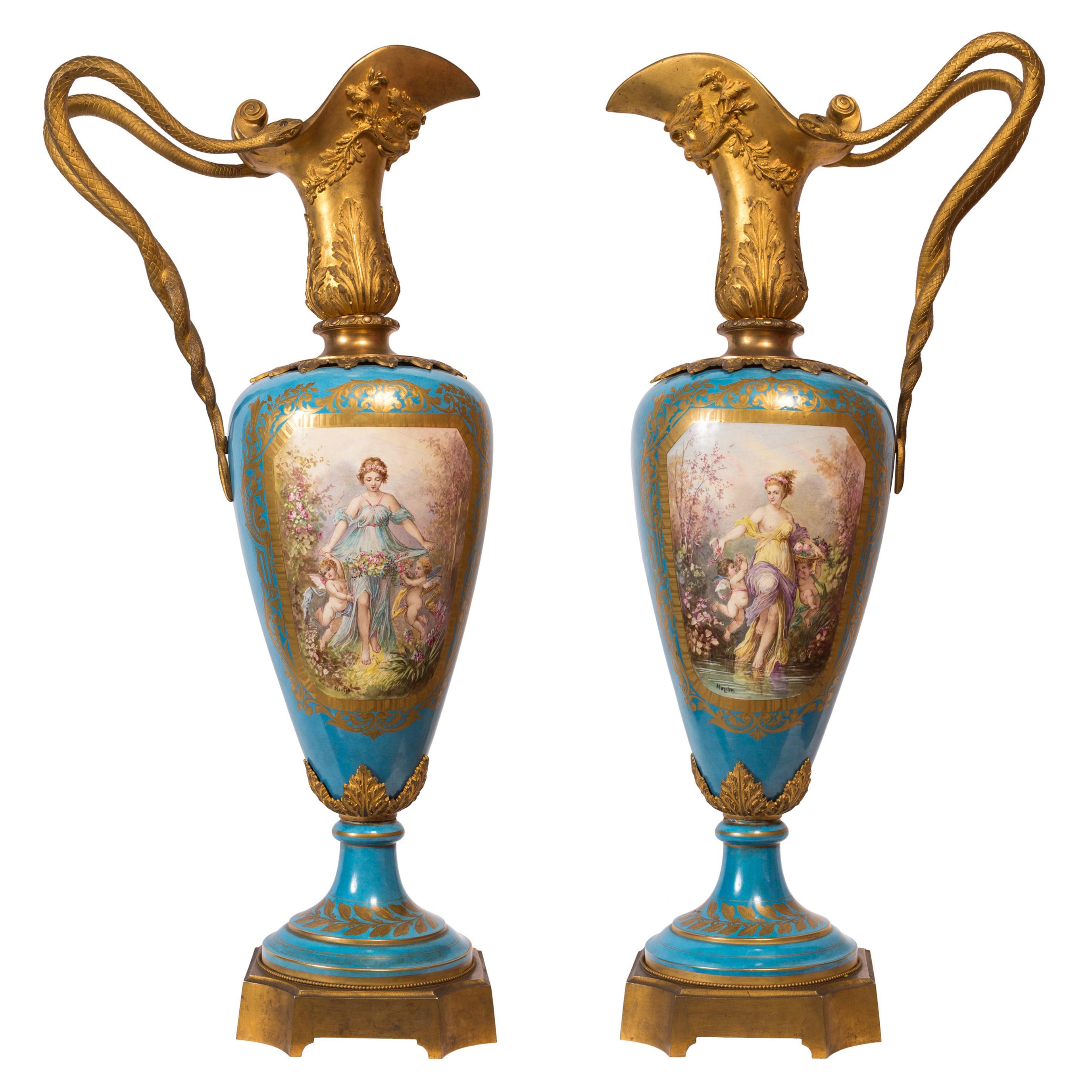 Pair of Large Sèvres Style Porcelain Vases, Detailed Ormolu, Serpent Handles