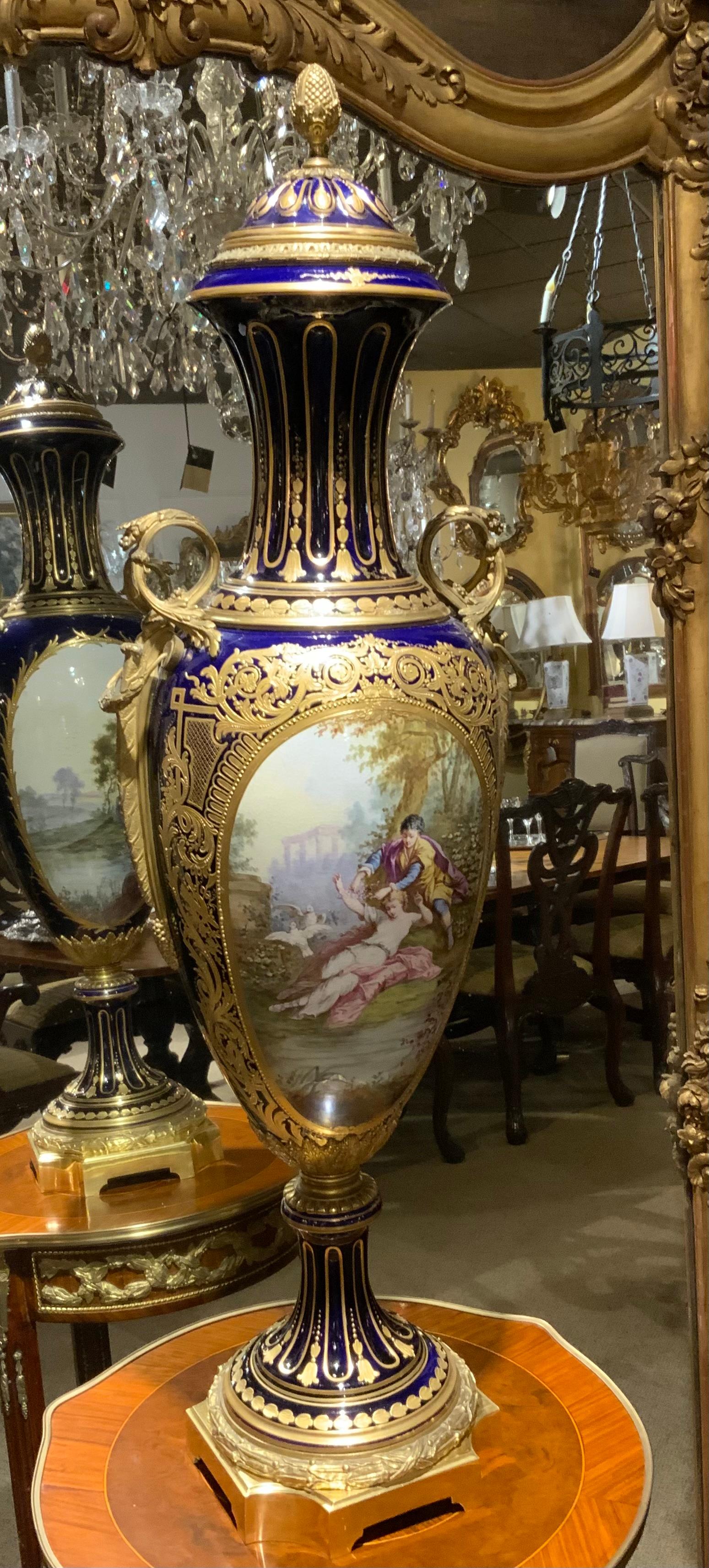Pair of large Sevres urns, 19 th century cobalt blue For Sale 3