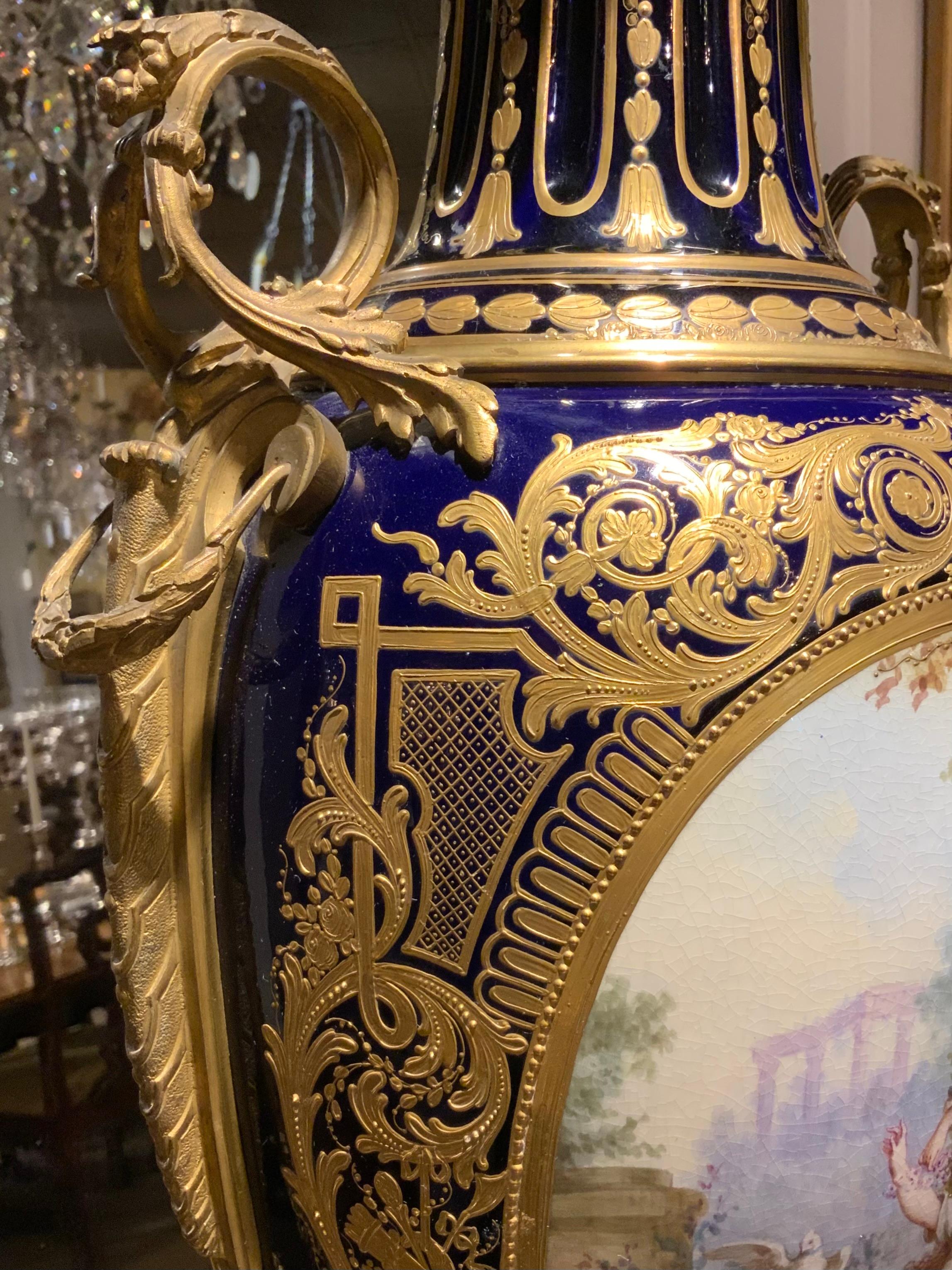 Pair of large Sevres urns, 19 th century cobalt blue For Sale 4