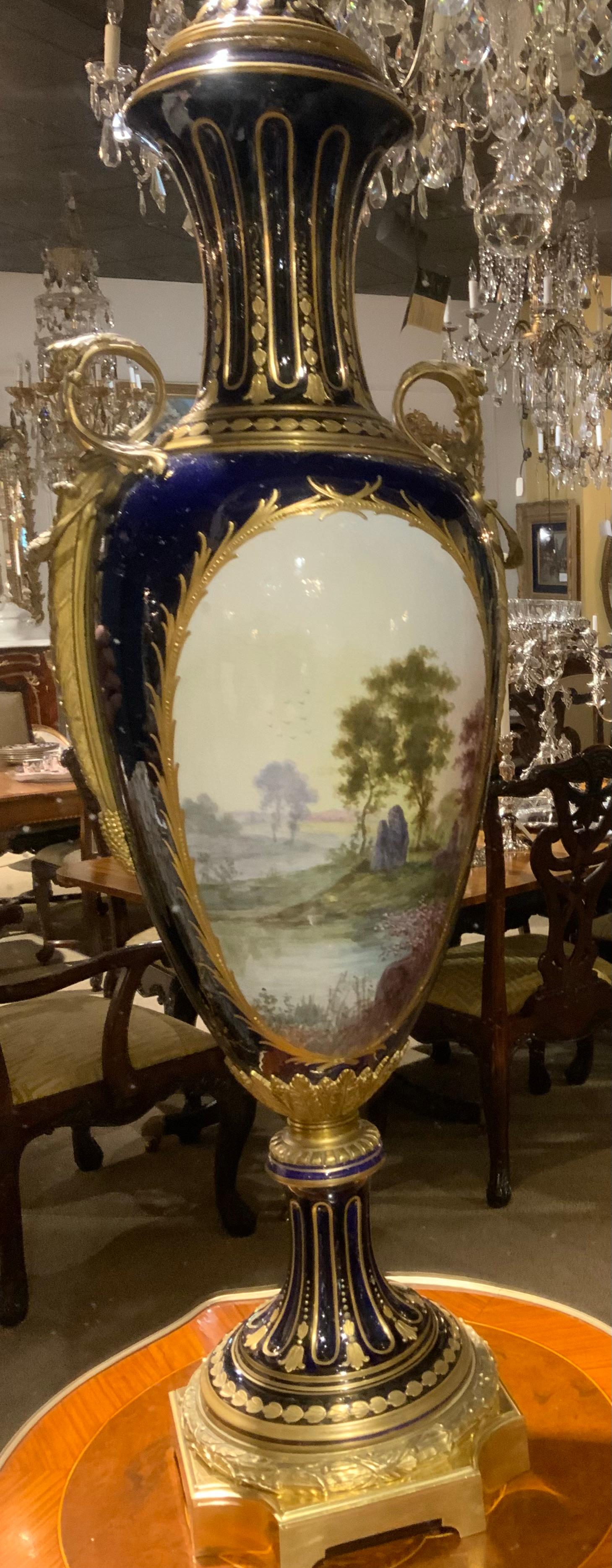 Pair of large Sevres urns, 19 th century cobalt blue For Sale 6