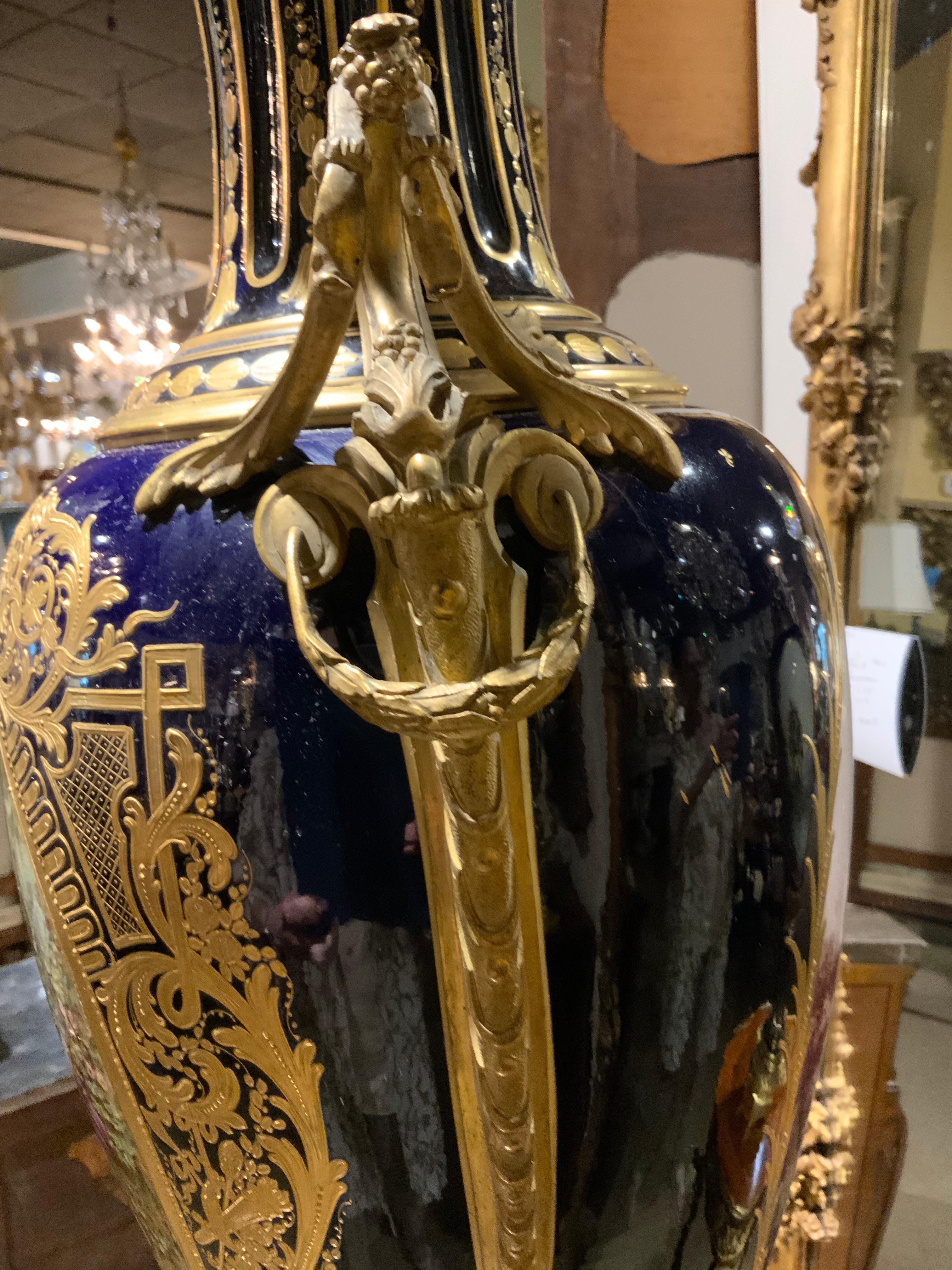 Pair of large Sevres urns, 19 th century cobalt blue For Sale 8
