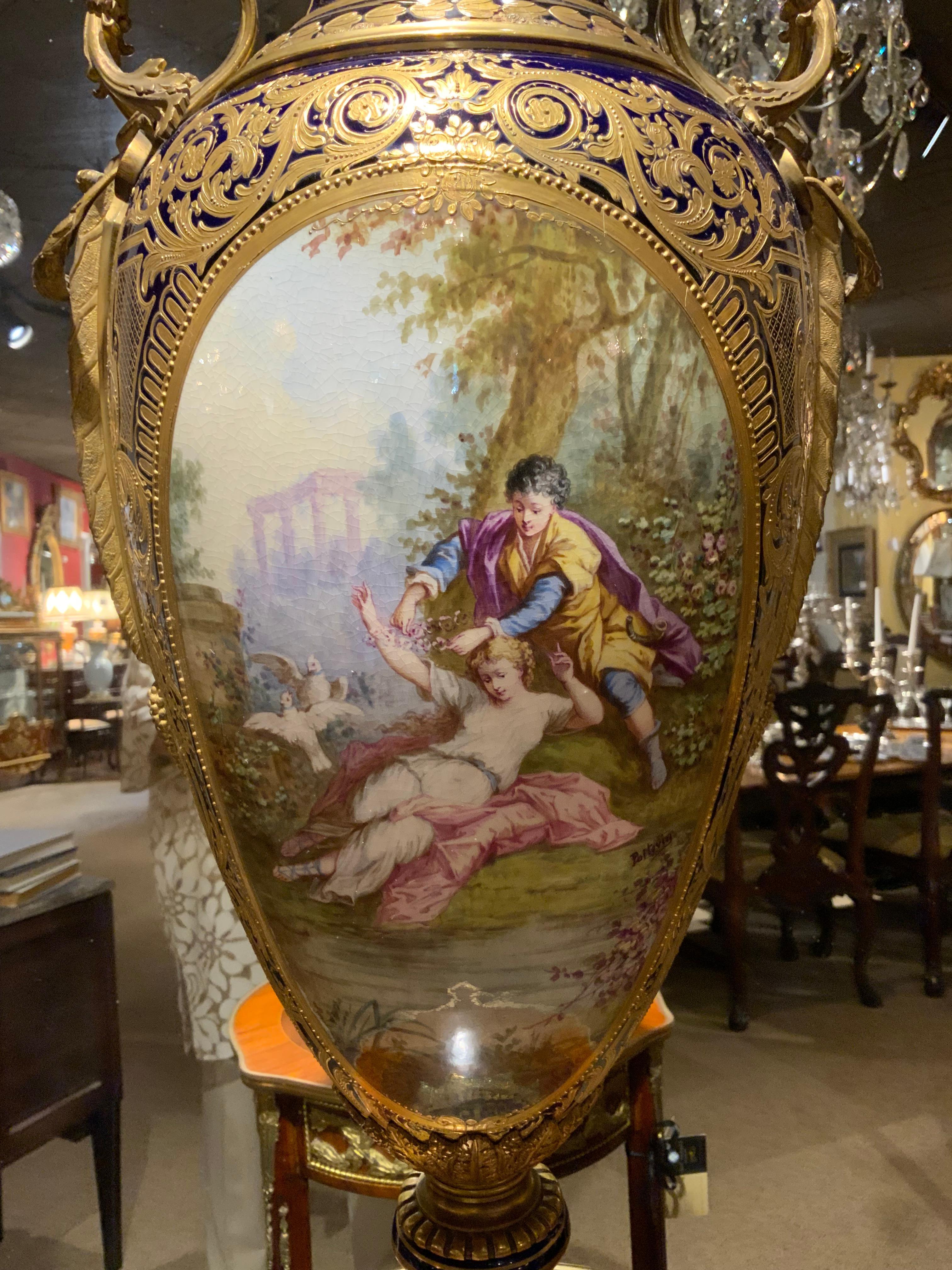 Pair of large Sevres urns, 19 th century cobalt blue For Sale 11