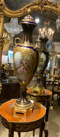Pair of large Sevres urns, 19 th century cobalt blue