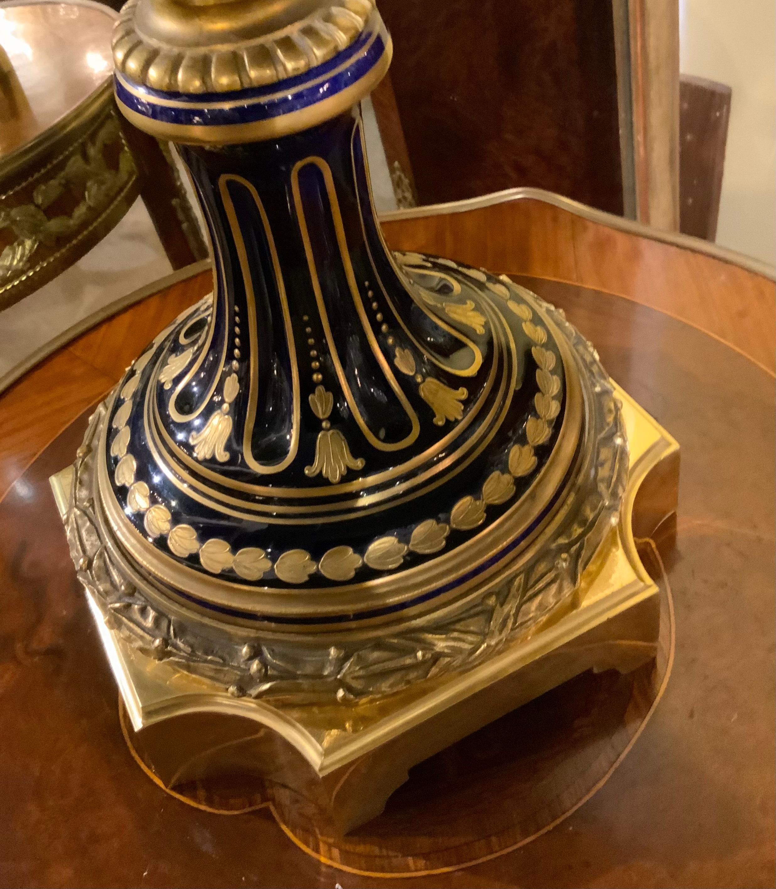 Hand-Painted Pair of large Sevres urns, 19 th century cobalt blue For Sale