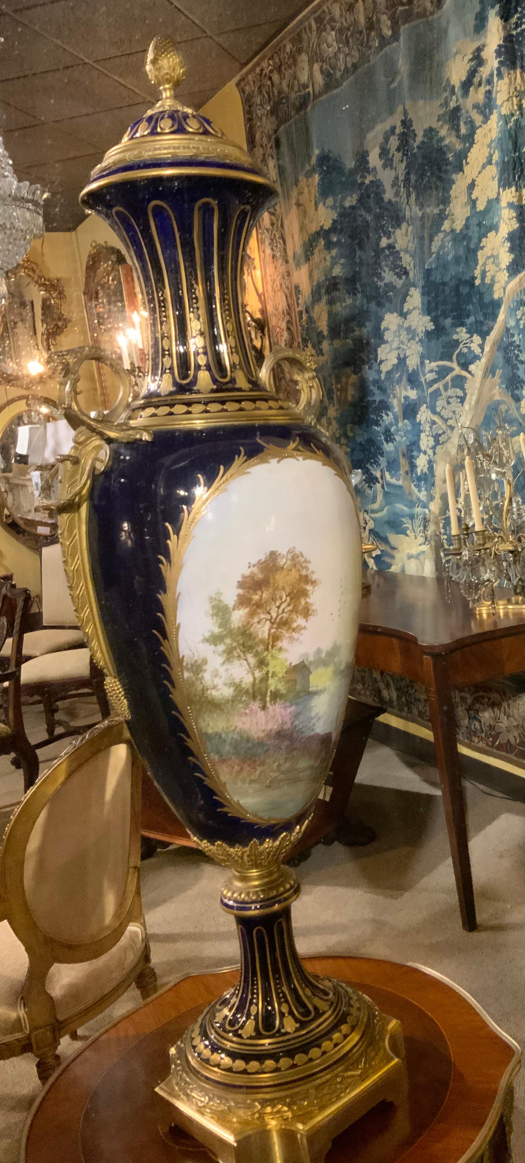 19th Century Pair of large Sevres urns, 19 th century cobalt blue For Sale