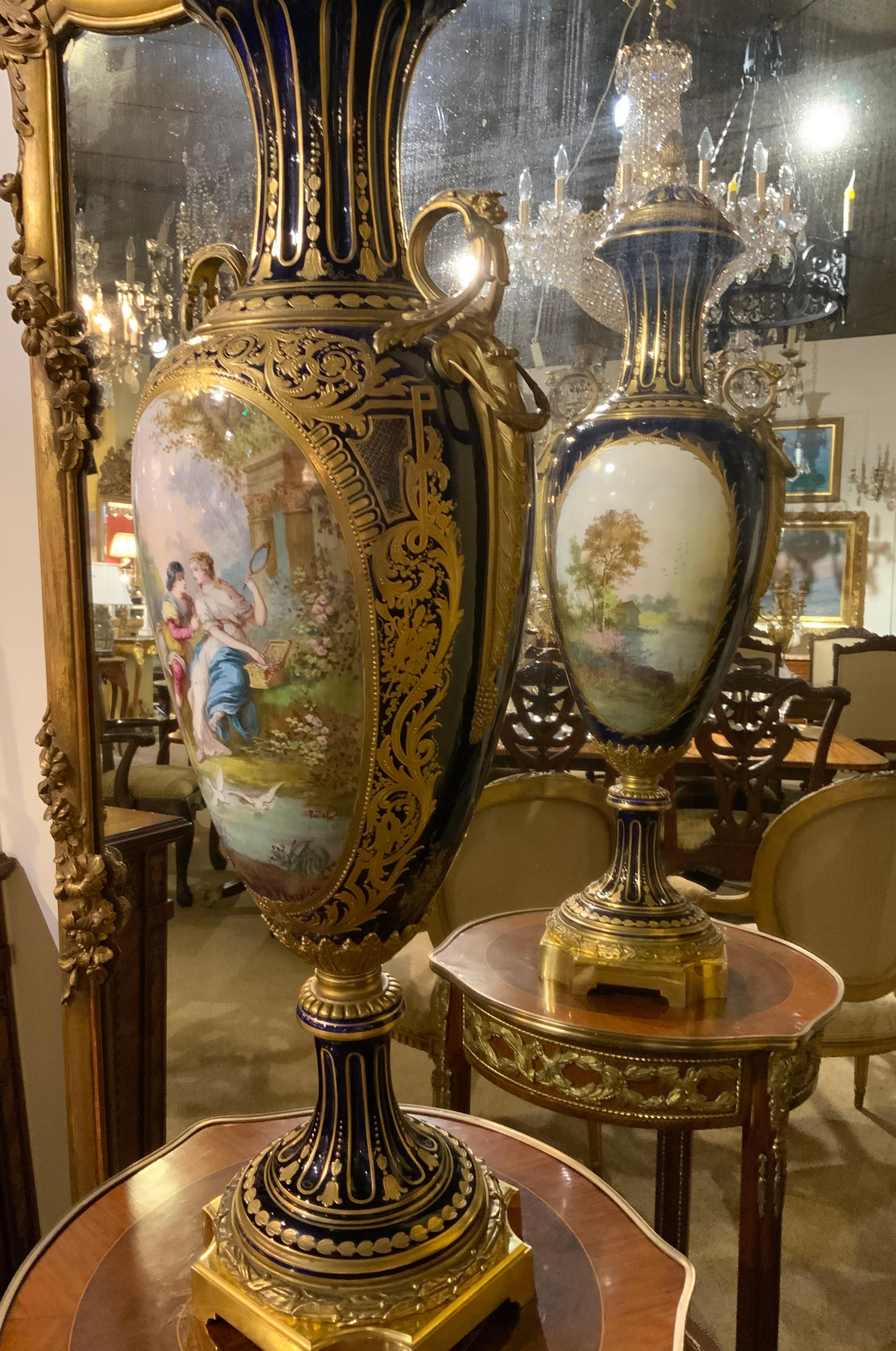 Porcelain Pair of large Sevres urns, 19 th century cobalt blue For Sale