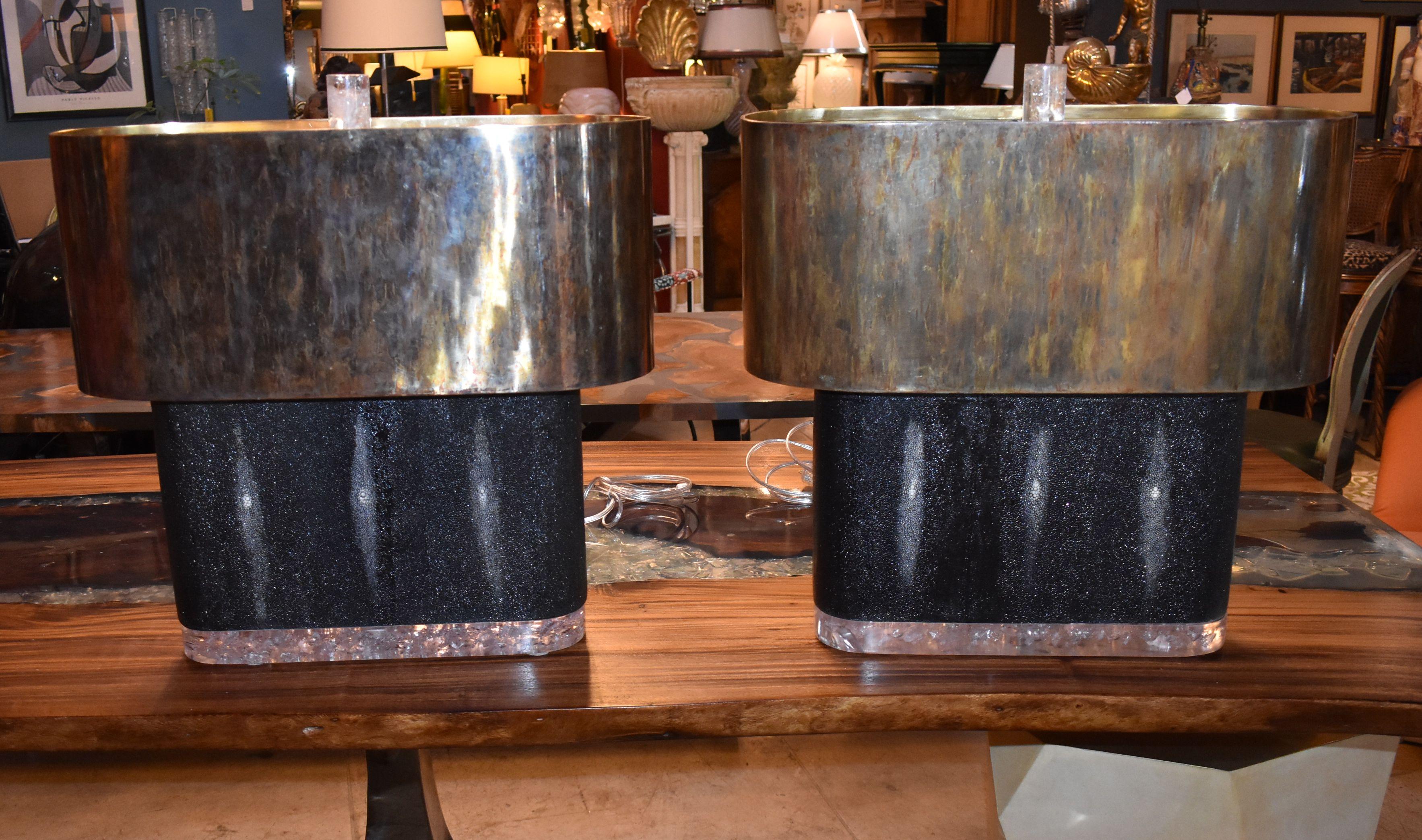 Pair of Large Shagreen and Resin with Brass Shades 4