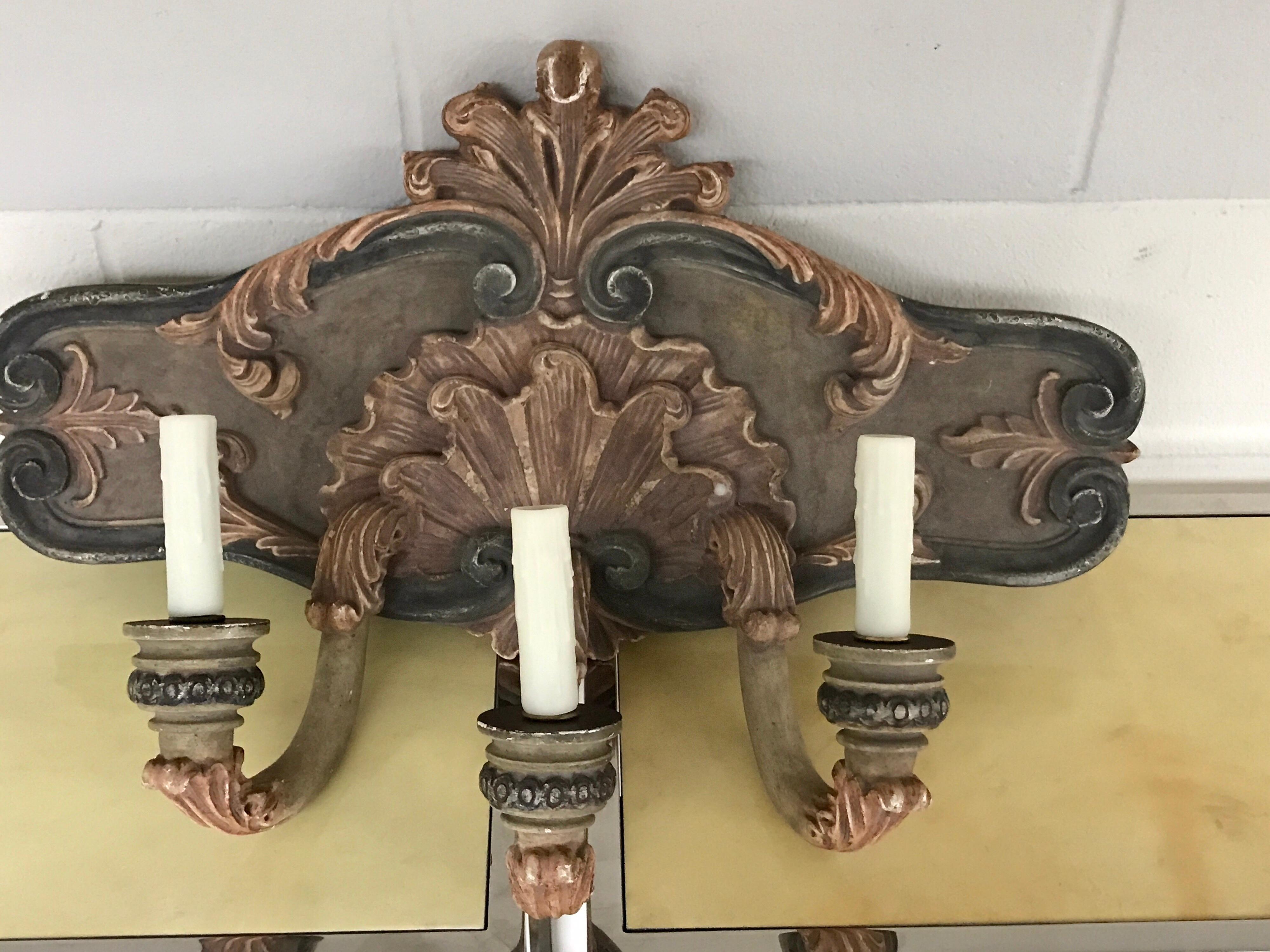 Louis XIV Pair of Large Shell Carved Polychromed Three-Light Sconces For Sale