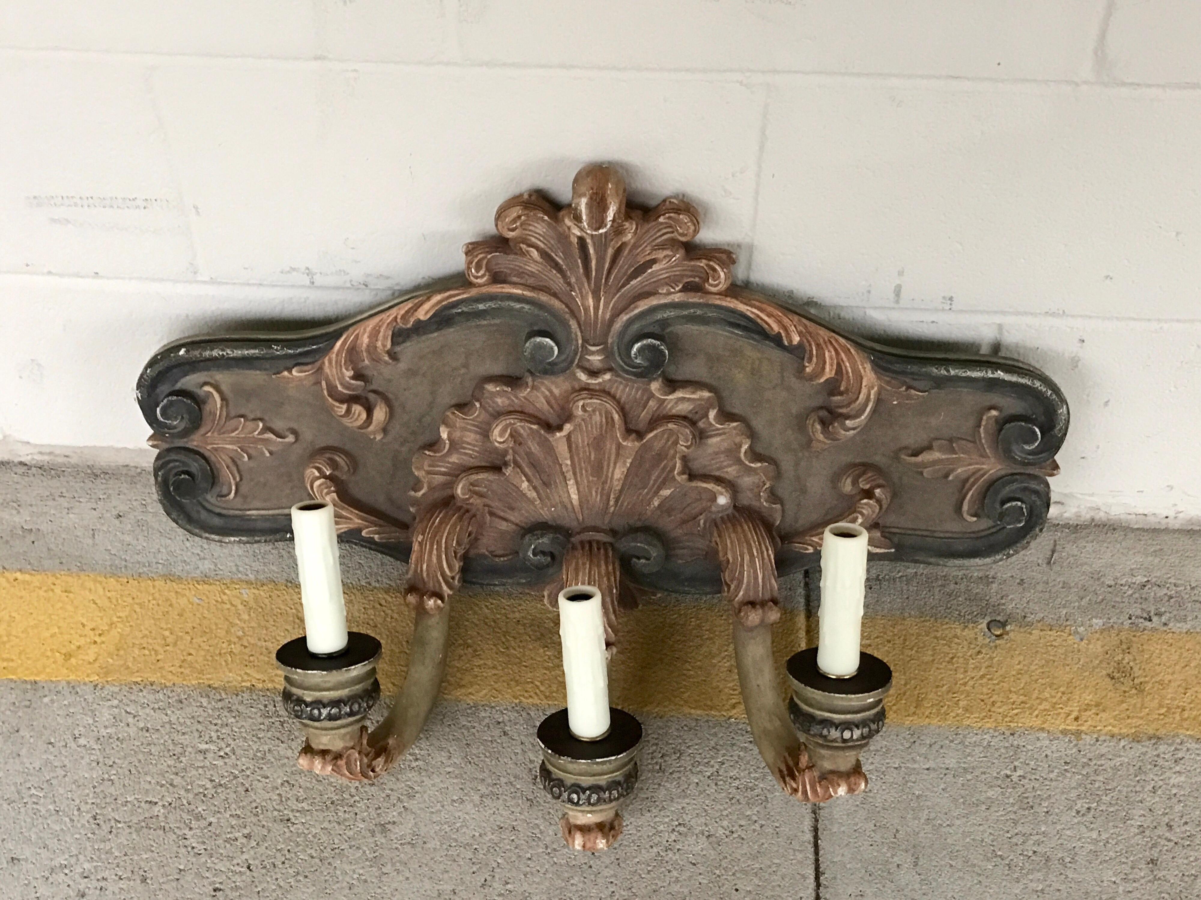 French Pair of Large Shell Carved Polychromed Three-Light Sconces For Sale