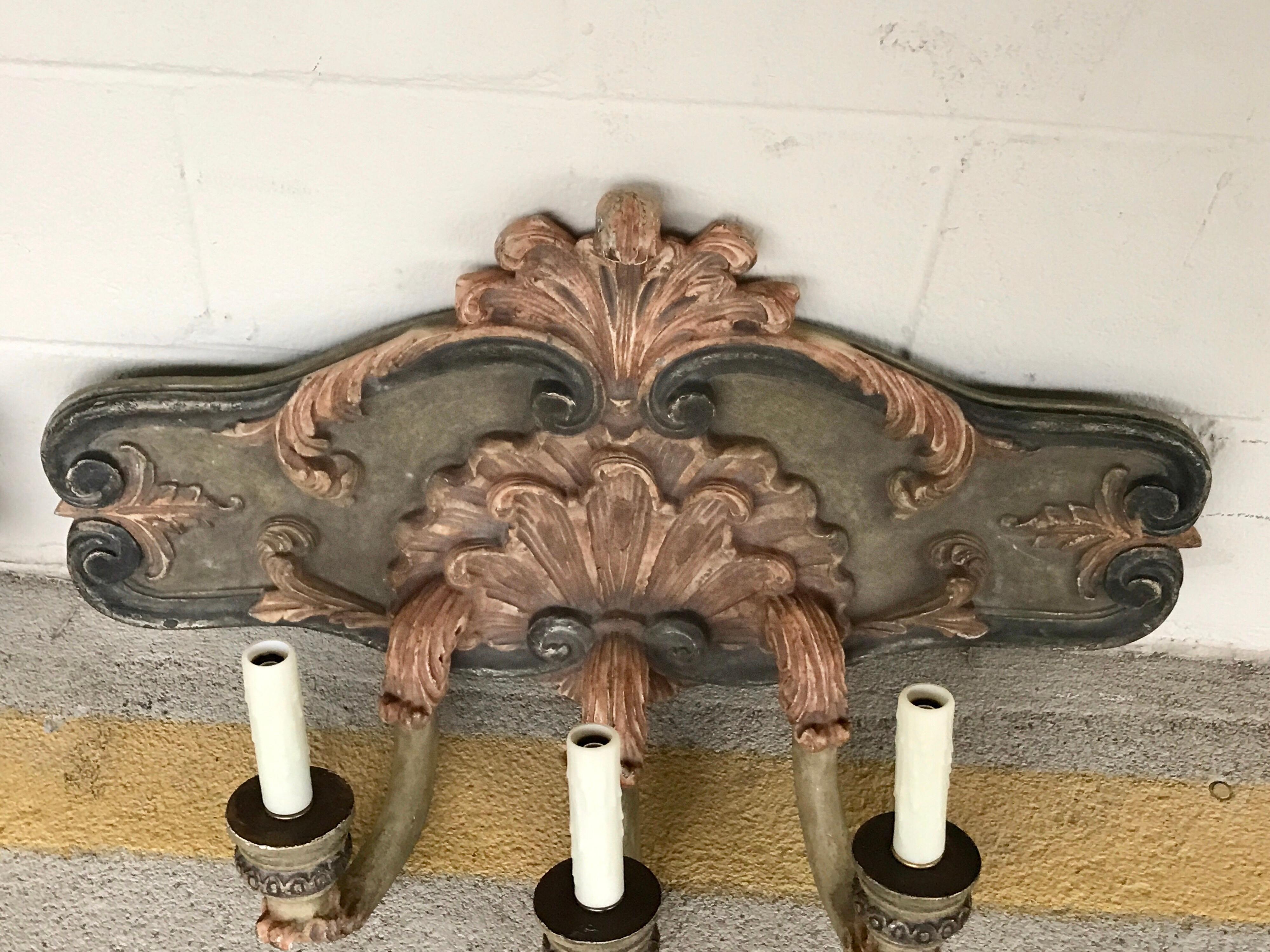 Wood Pair of Large Shell Carved Polychromed Three-Light Sconces For Sale