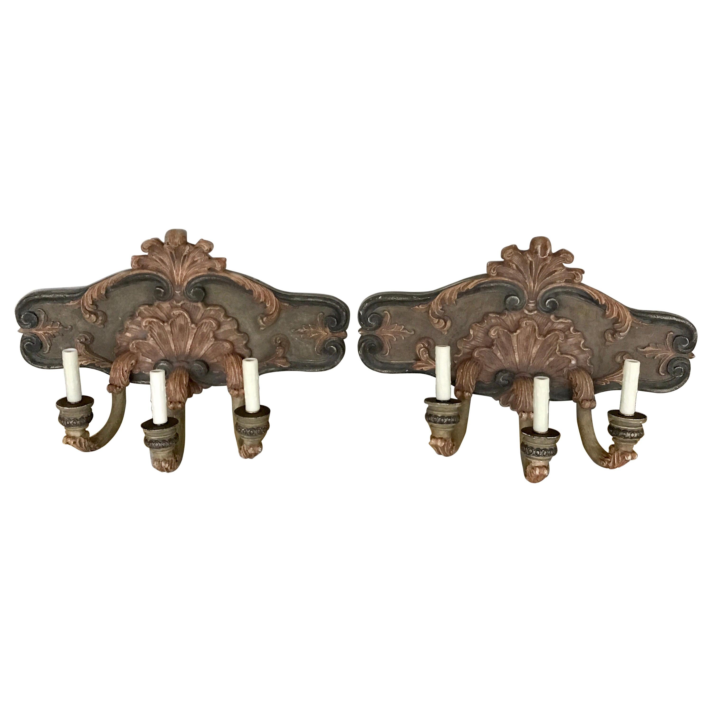 Pair of Large Shell Carved Polychromed Three-Light Sconces For Sale