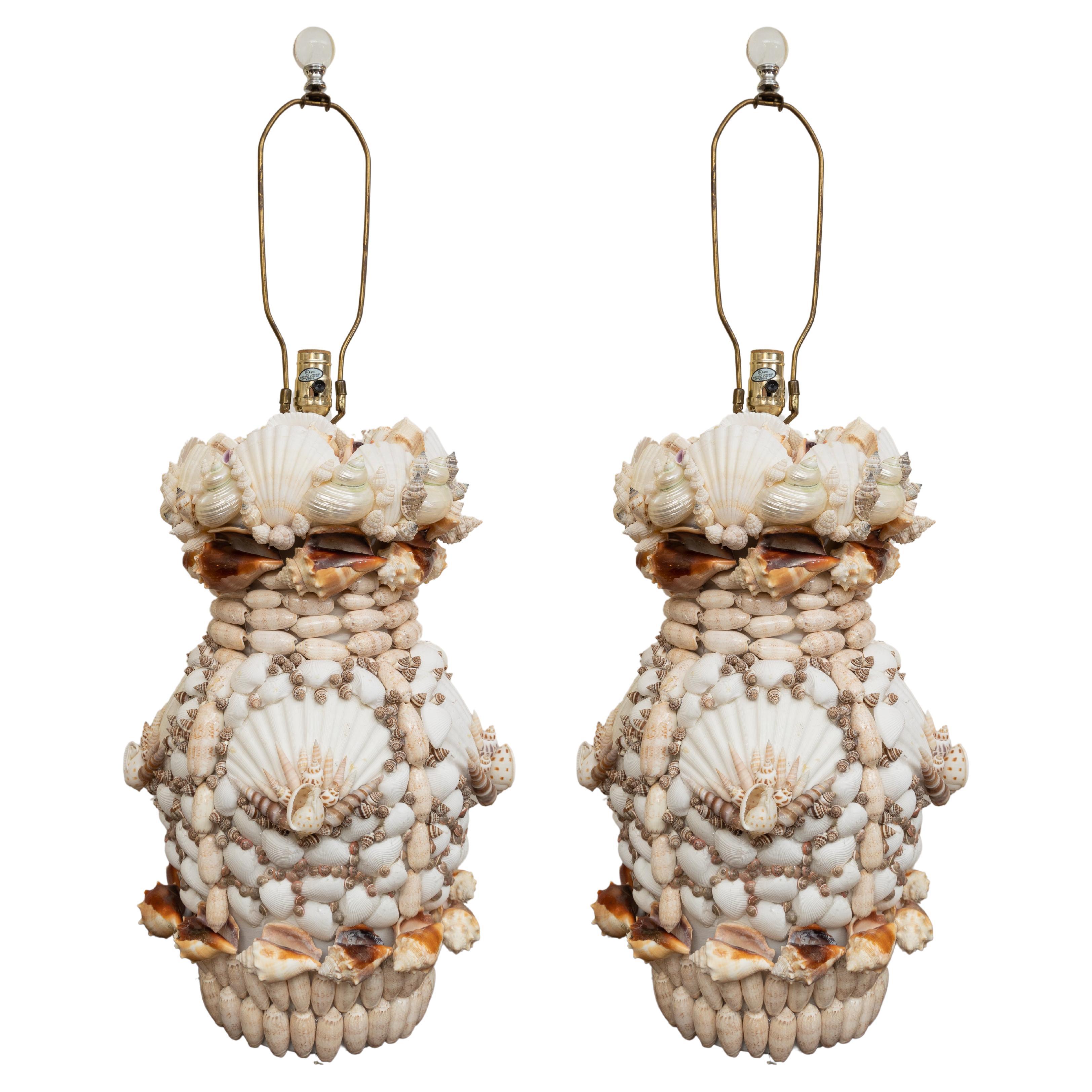 Pair of Large Shell Encrusted Table Lamps For Sale