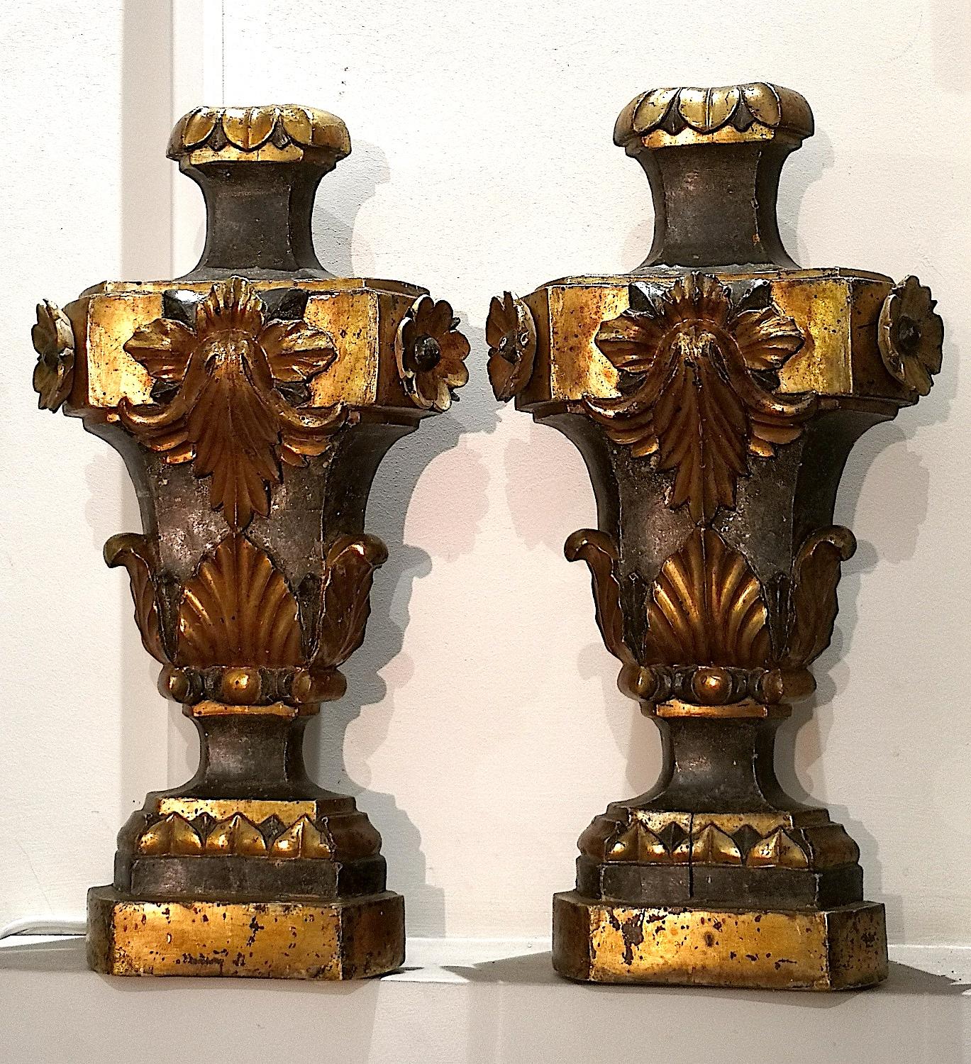 A wonderful pair of large carved Sicilian painted and guilt church altar ornaments from 1643-1715 in the Louis XIV style. Each measures: 21.25 inches high. The base is 7.5 inches wide and 7.8 inches deep. The use of these objects took place in the