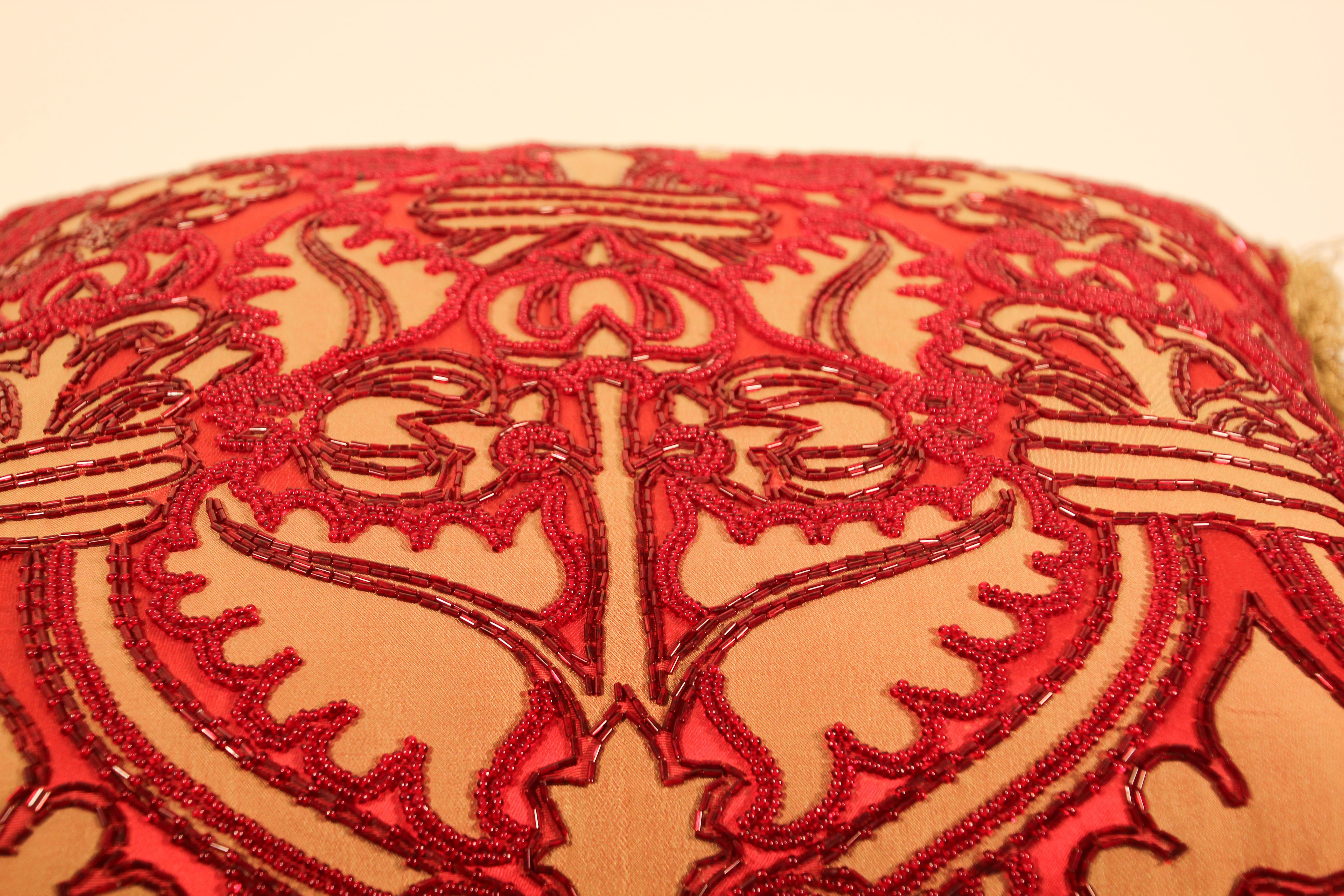 Pair of Large Silk Pillows with Metallic Threads and Red Beads 3
