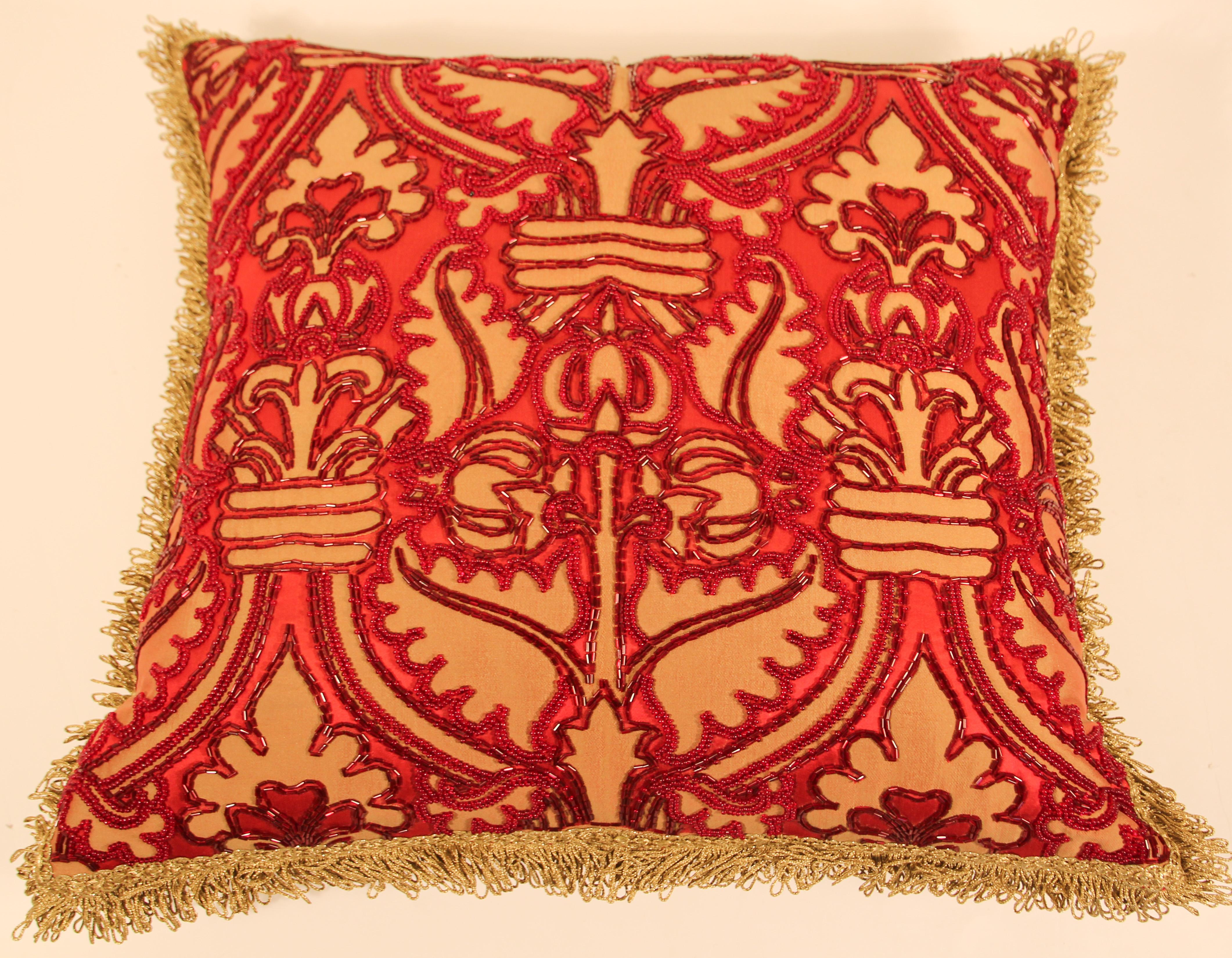 Pair of Large Silk Pillows with Metallic Threads and Red Beads 6