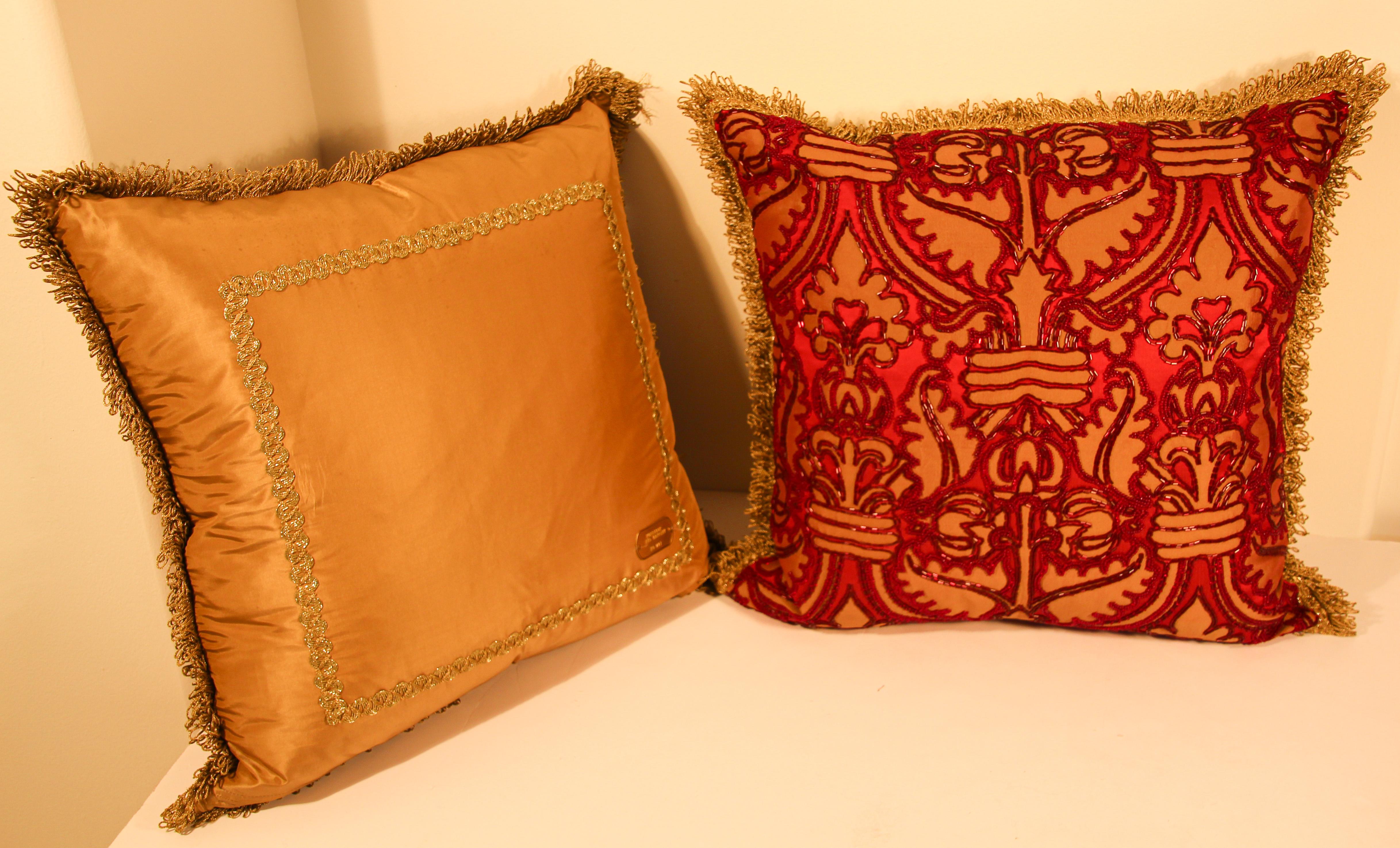 Hollywood Regency Pair of Large Silk Pillows with Metallic Threads and Red Beads