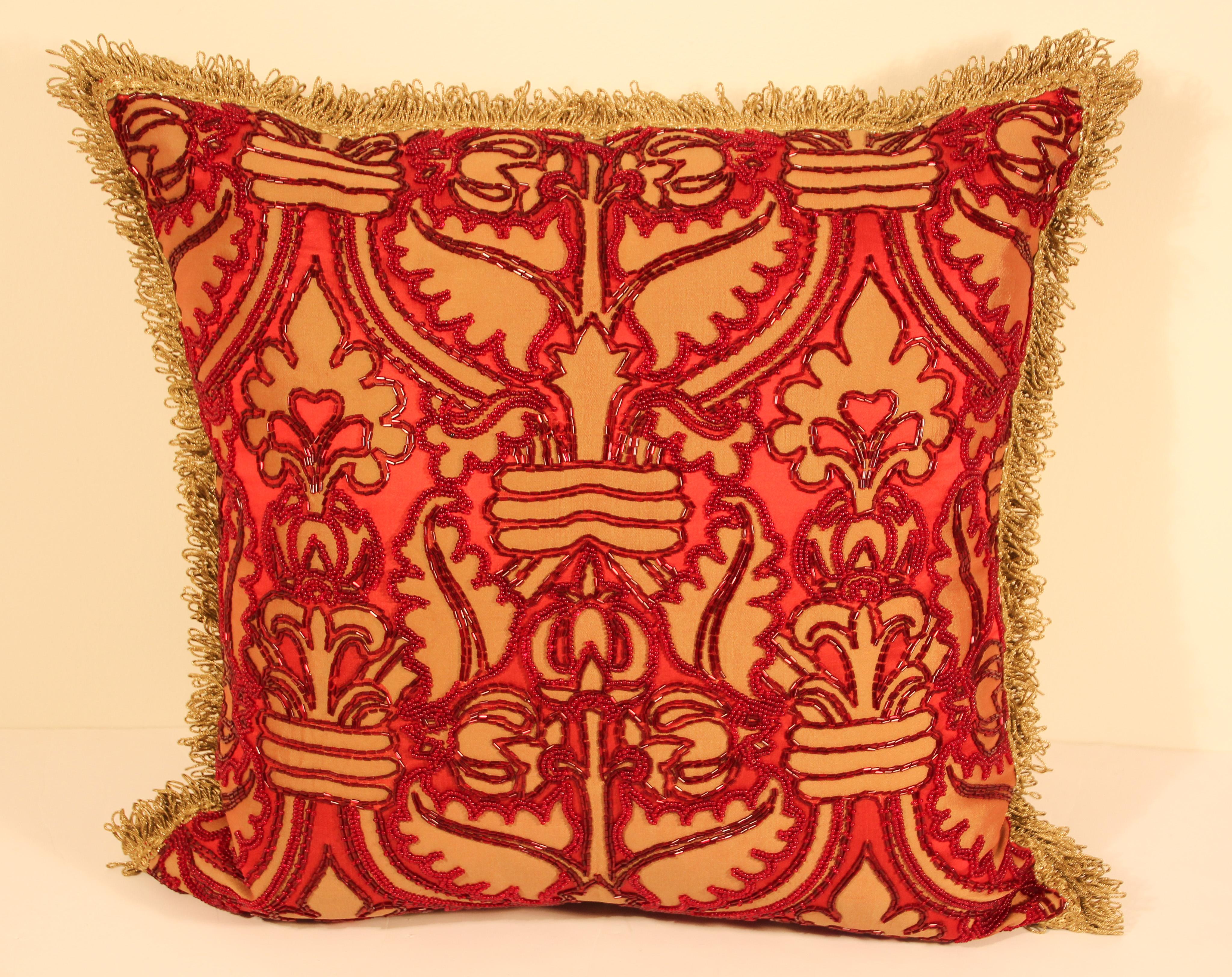 American Pair of Large Silk Pillows with Metallic Threads and Red Beads