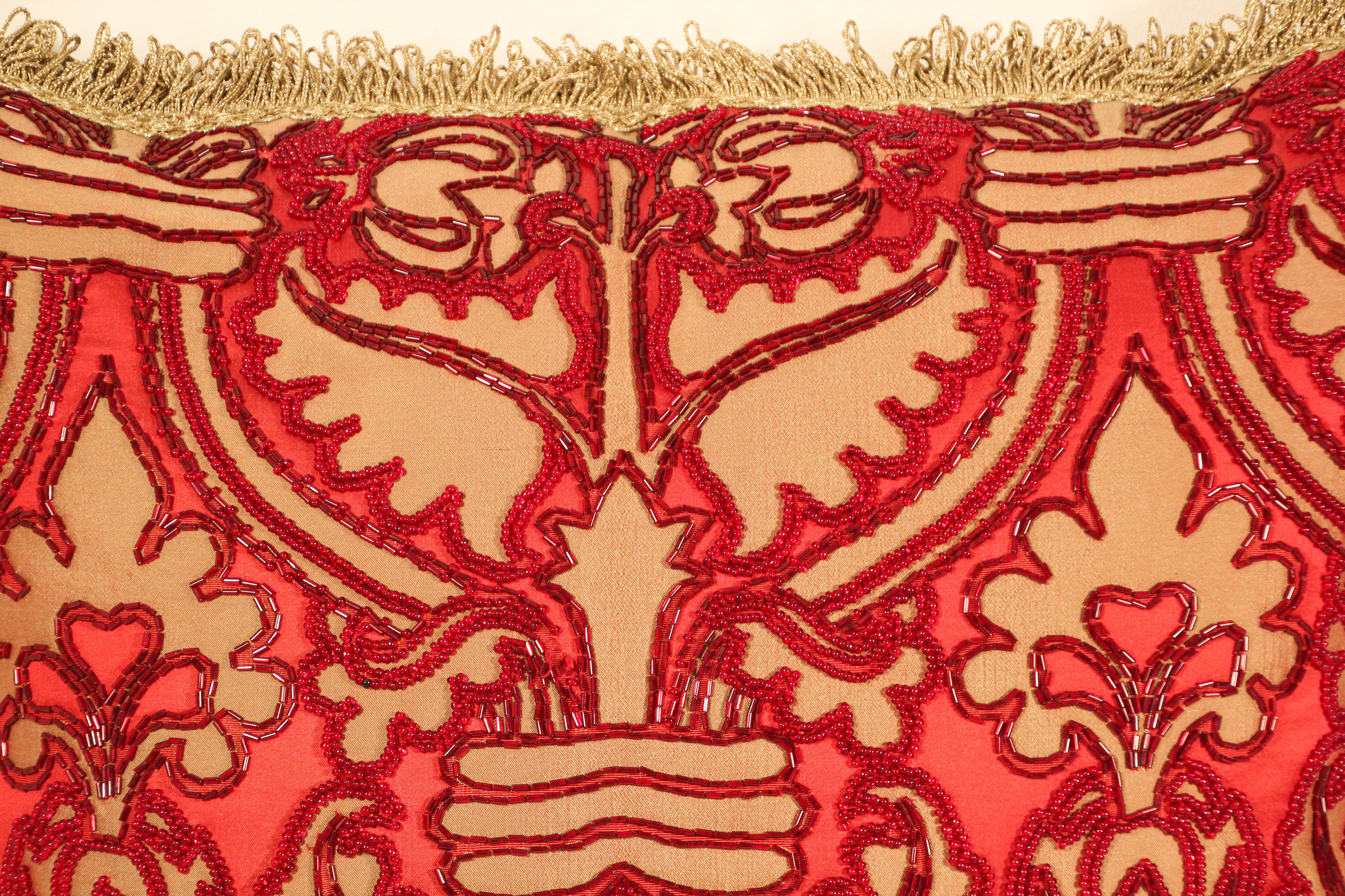 Hand-Crafted Pair of Large Silk Pillows with Metallic Threads and Red Beads